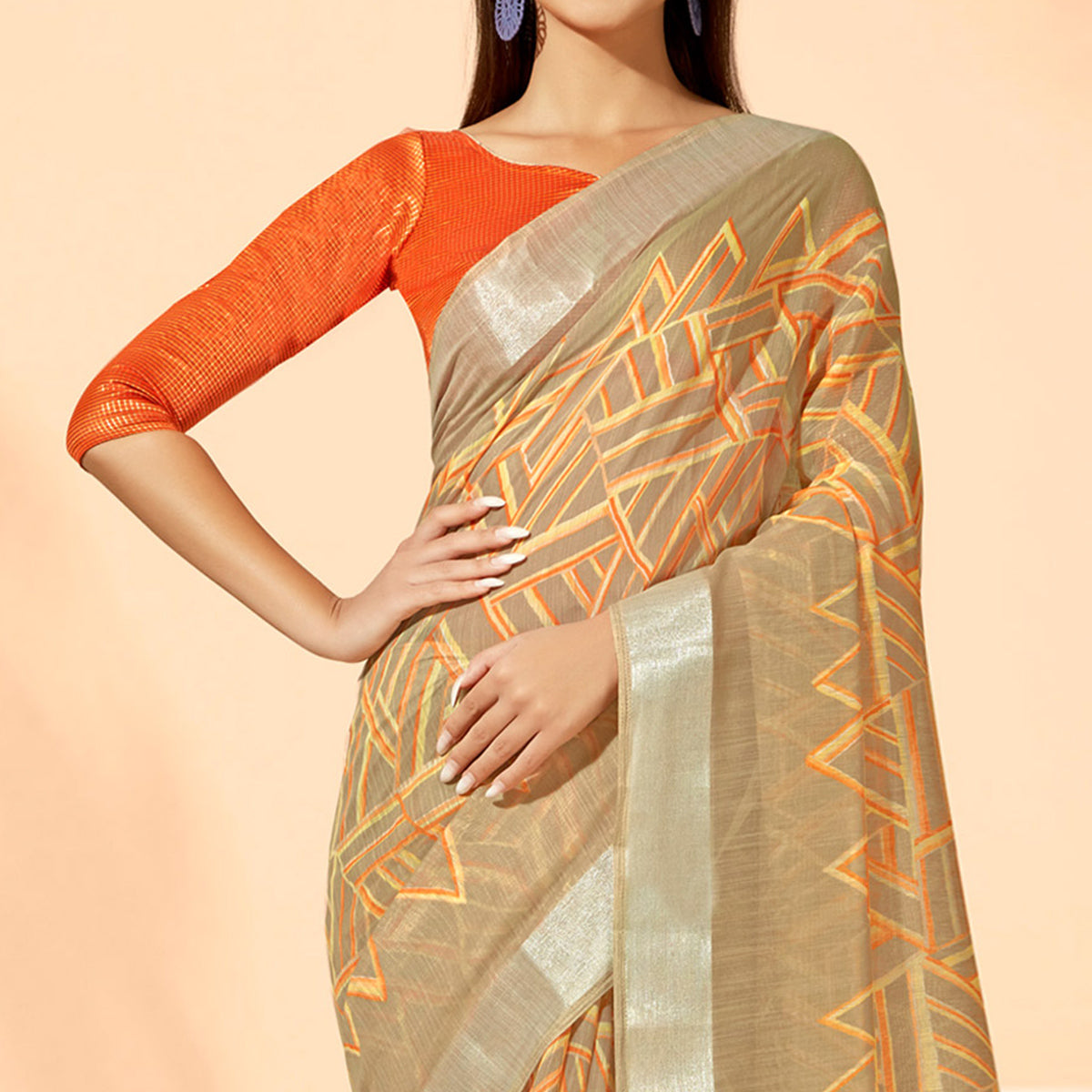 Peachmode Chikoo Printed Cotton Silk Saree With Tassels - view 2