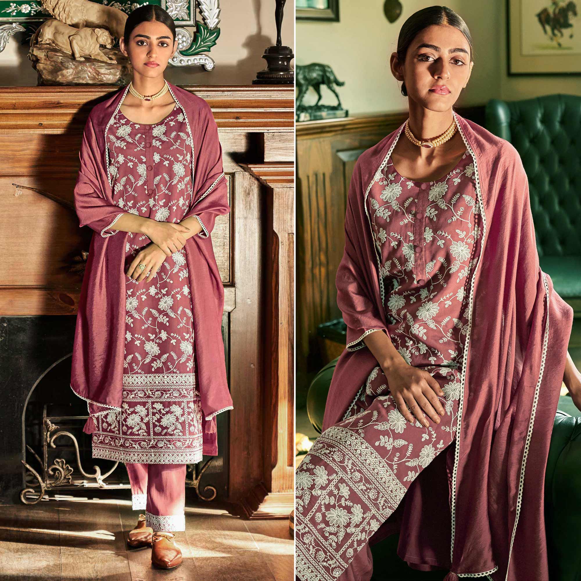 Peachmode Seller Brick Red Lucknowi Embroidered Modal Salwar Suit