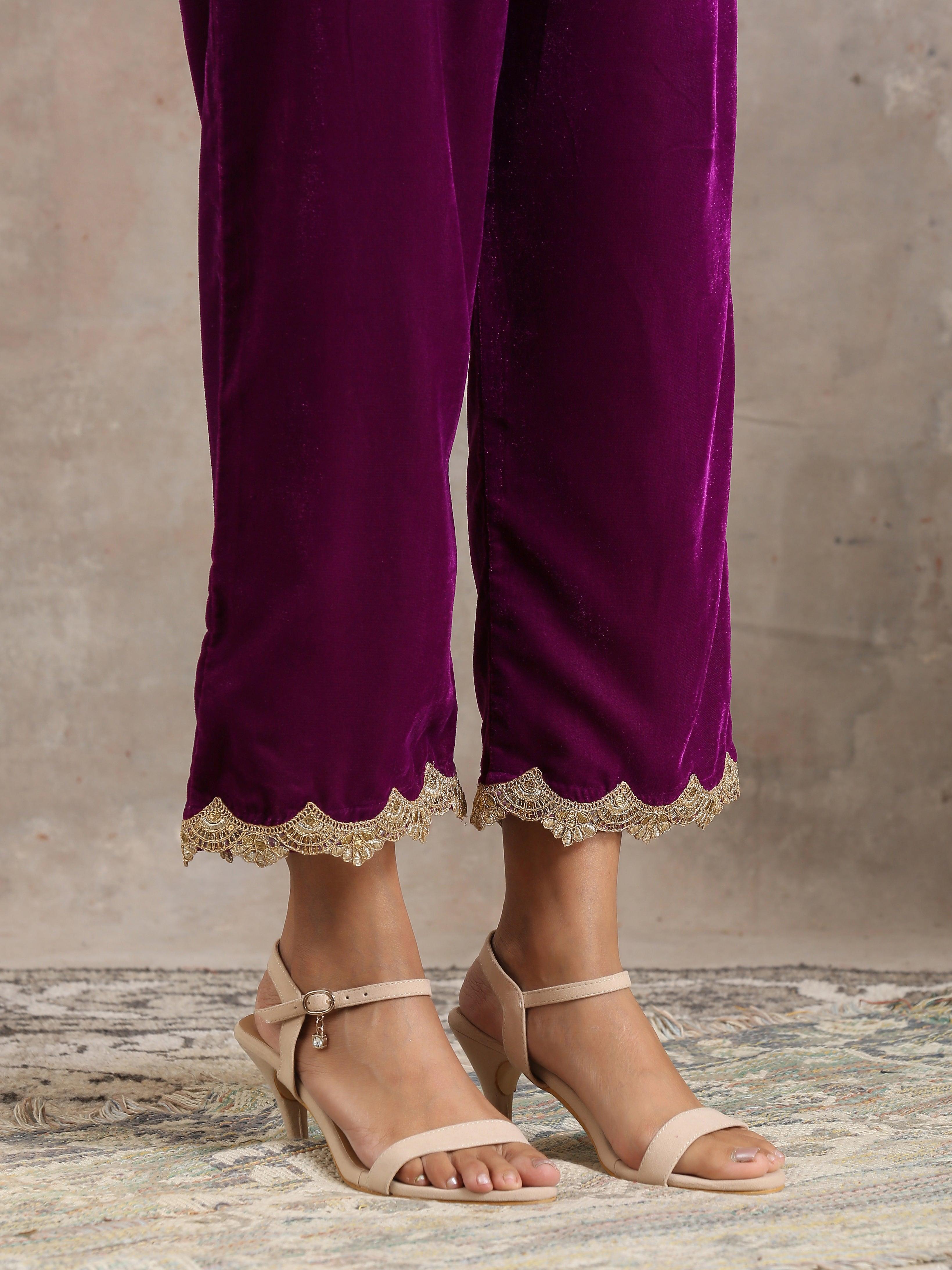 Wine Velvet Lace Kurta Pant Set | Relove - view 12
