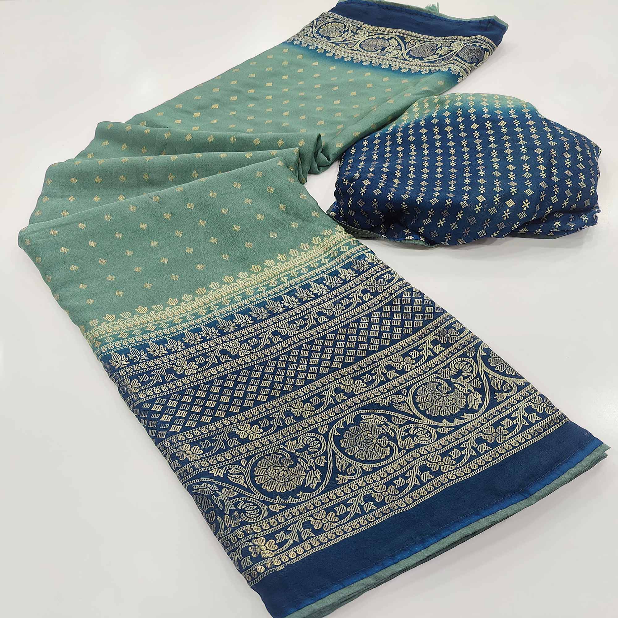 Peachmode Dusty Green Foil Printed Georgette Saree