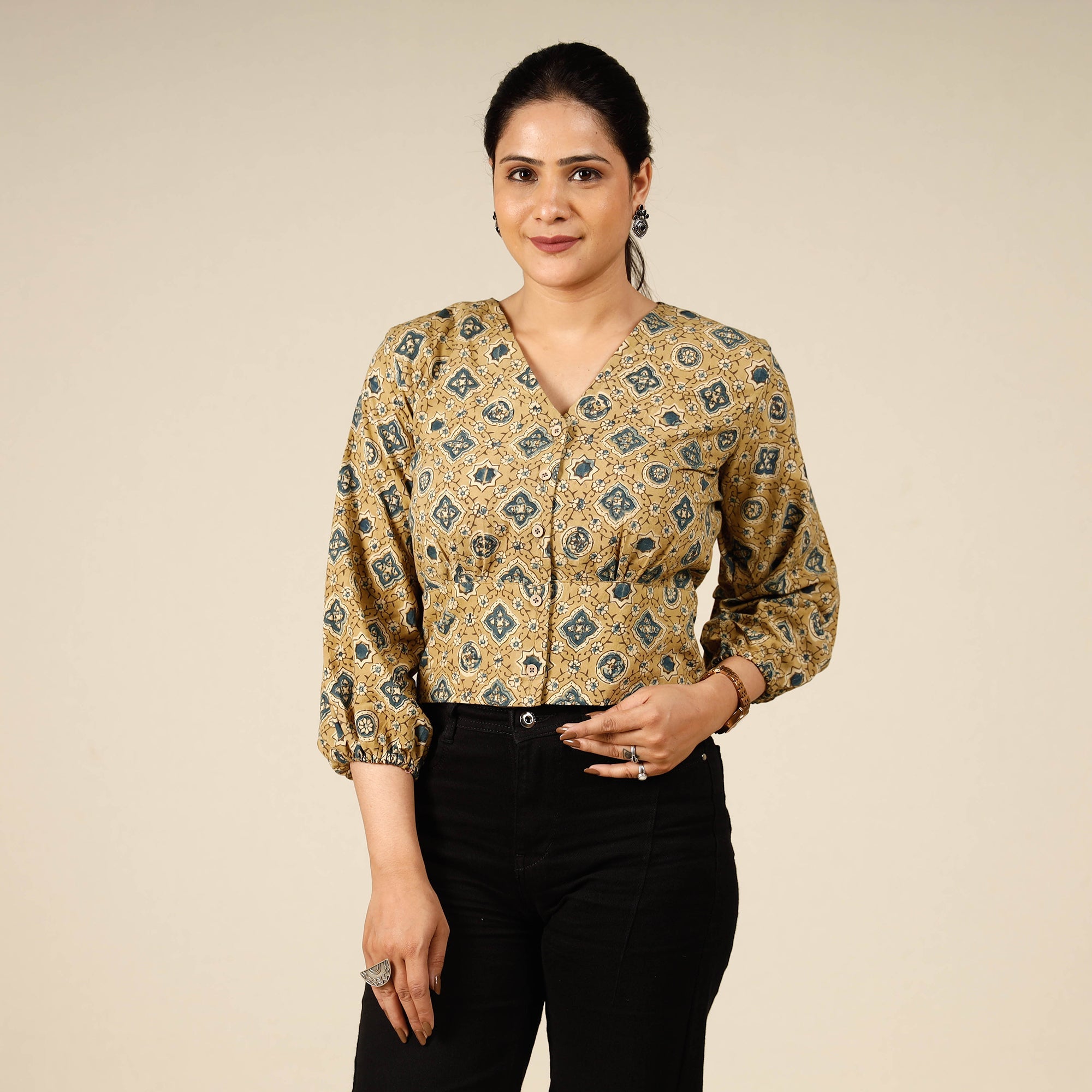 ITOKRI CASUALS Beige - Ajrakh Block Printed Full Sleeve Cotton Crop Top