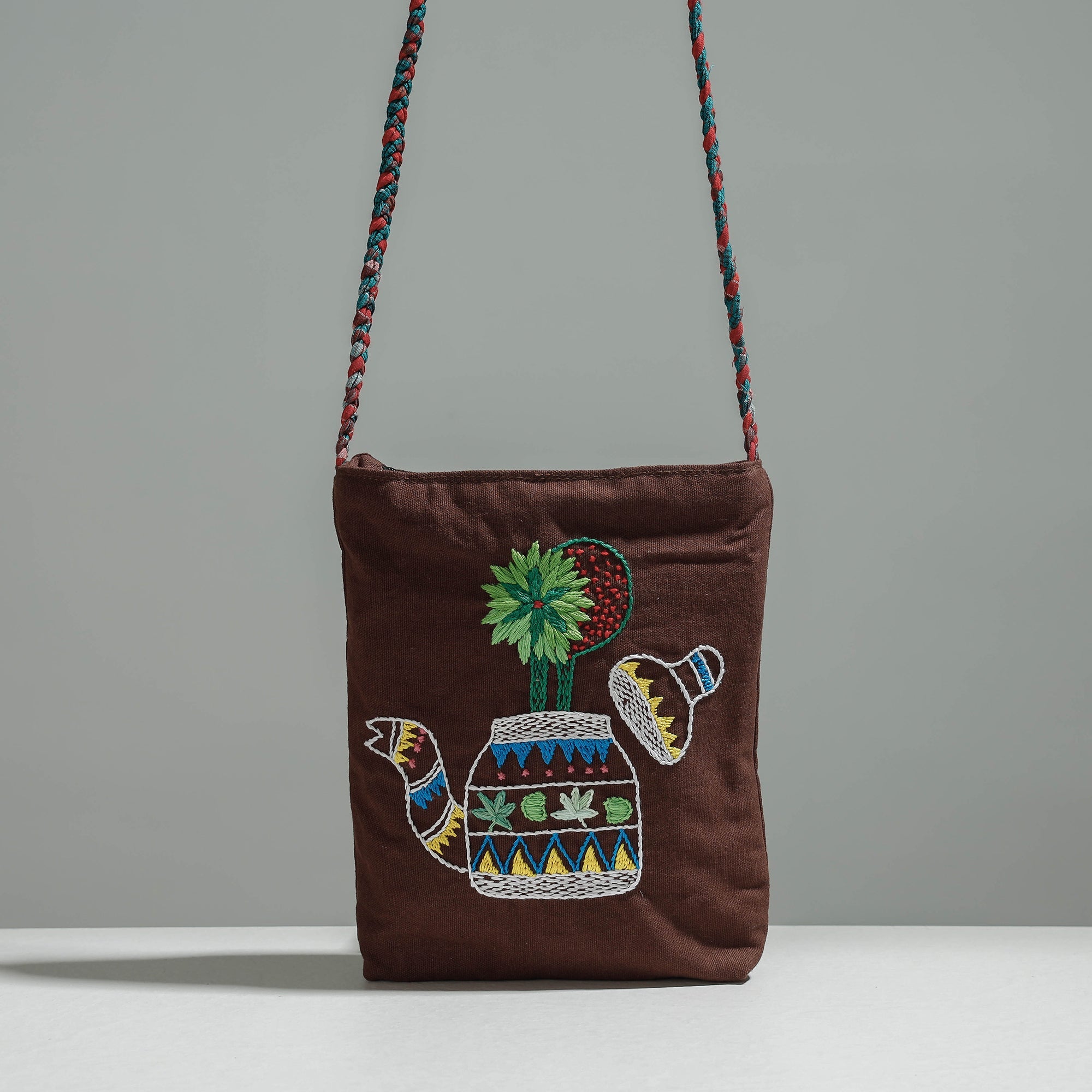 RANGILA DHAGA Brown - Cotton Fabric Hand Embroidered Sling Bag