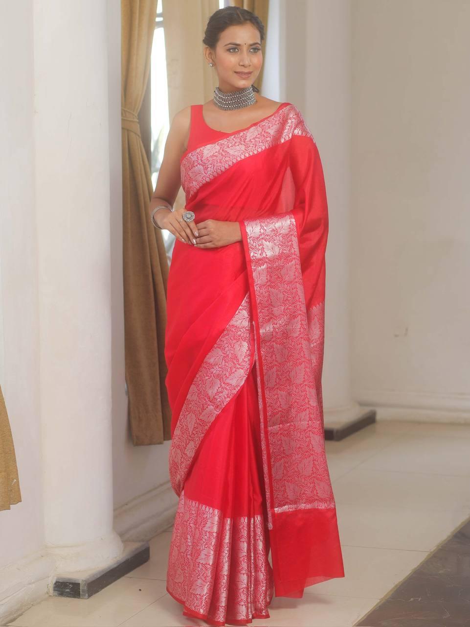Aayna Verdant Red Soft Silk Saree With Mellifluous Blouse Piece