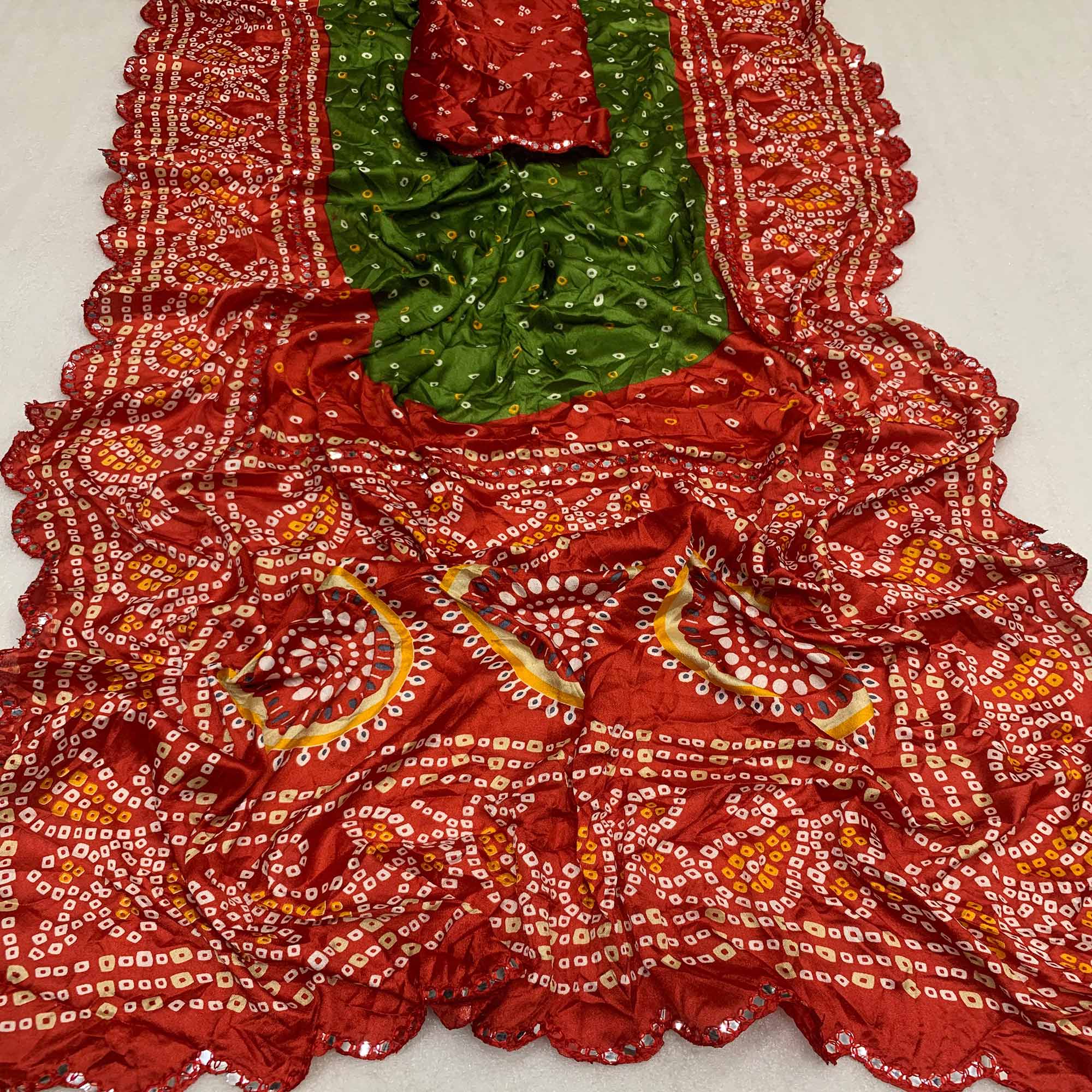 Peachmode Light Green & Red Bandhani Printed Chiffon Saree With Mirror Border