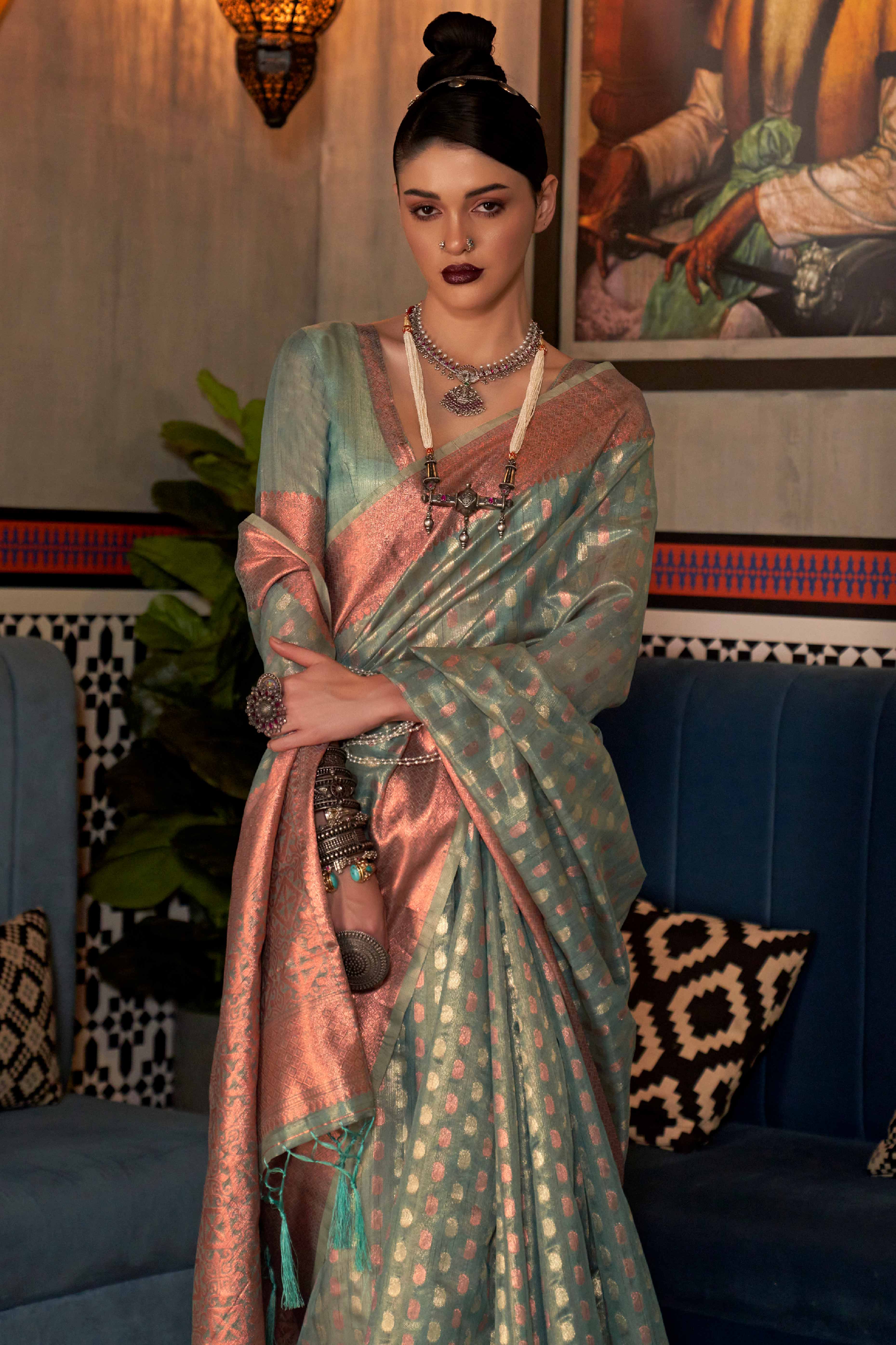 Peachmode Light Blue Handloom Zari Woven Tissue Saree - view 3