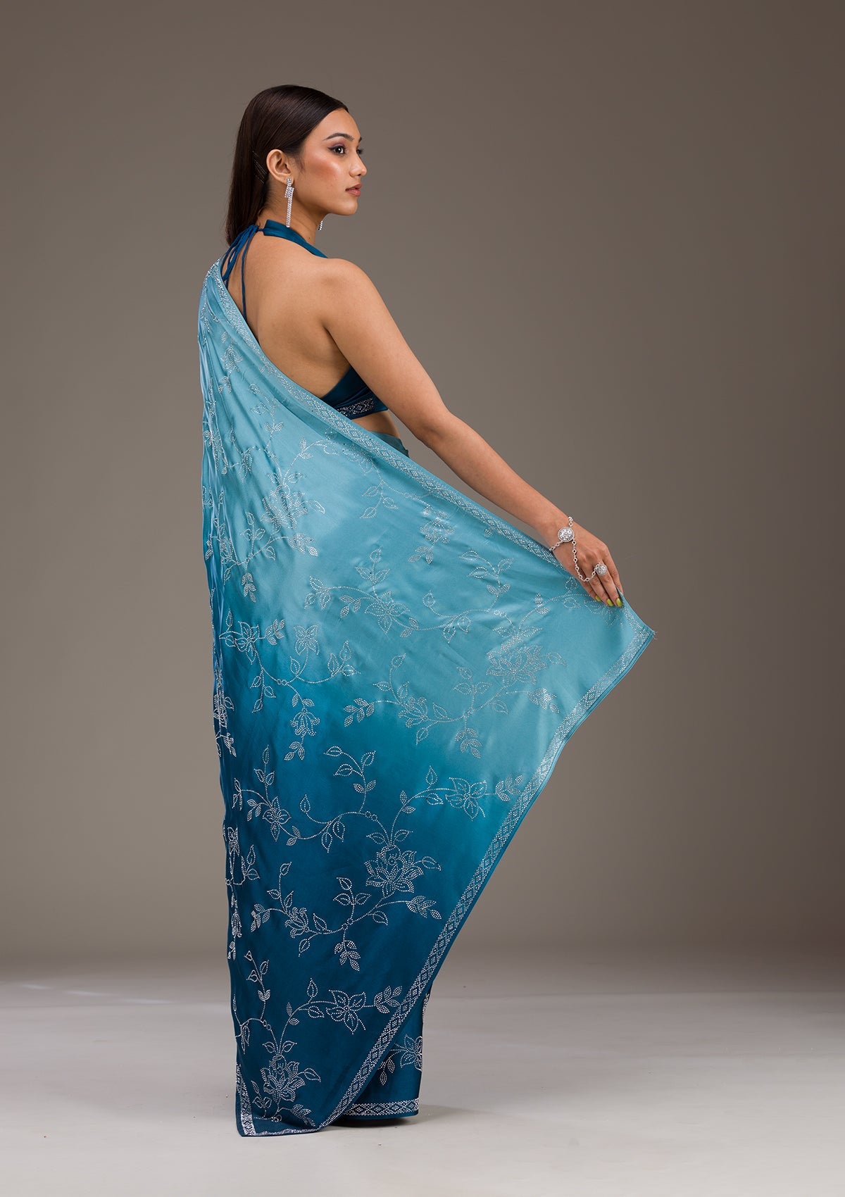 Koskii Turquoise Blue Stonework Satin Saree – Women's - view 2