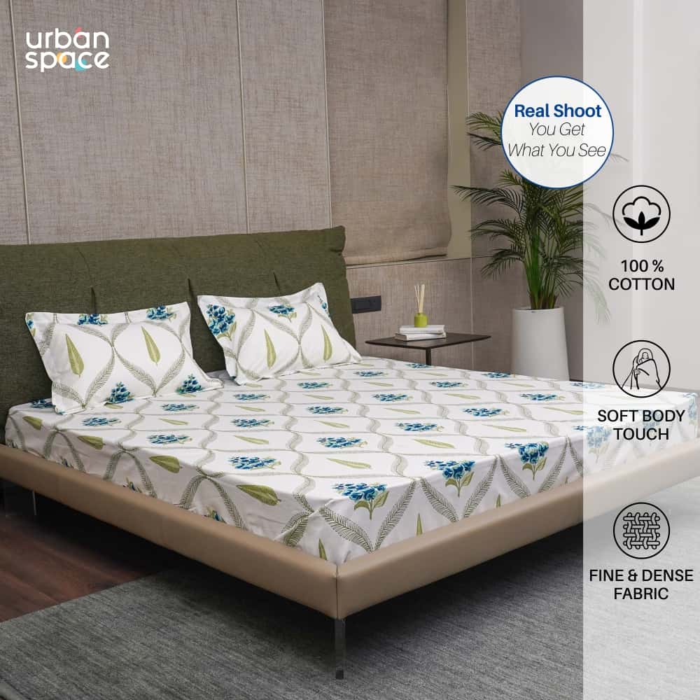 Urban Space -Home Furnishing Store Fitted King Size Cotton Bedsheet - Floral Moroccan - Blue - view 3