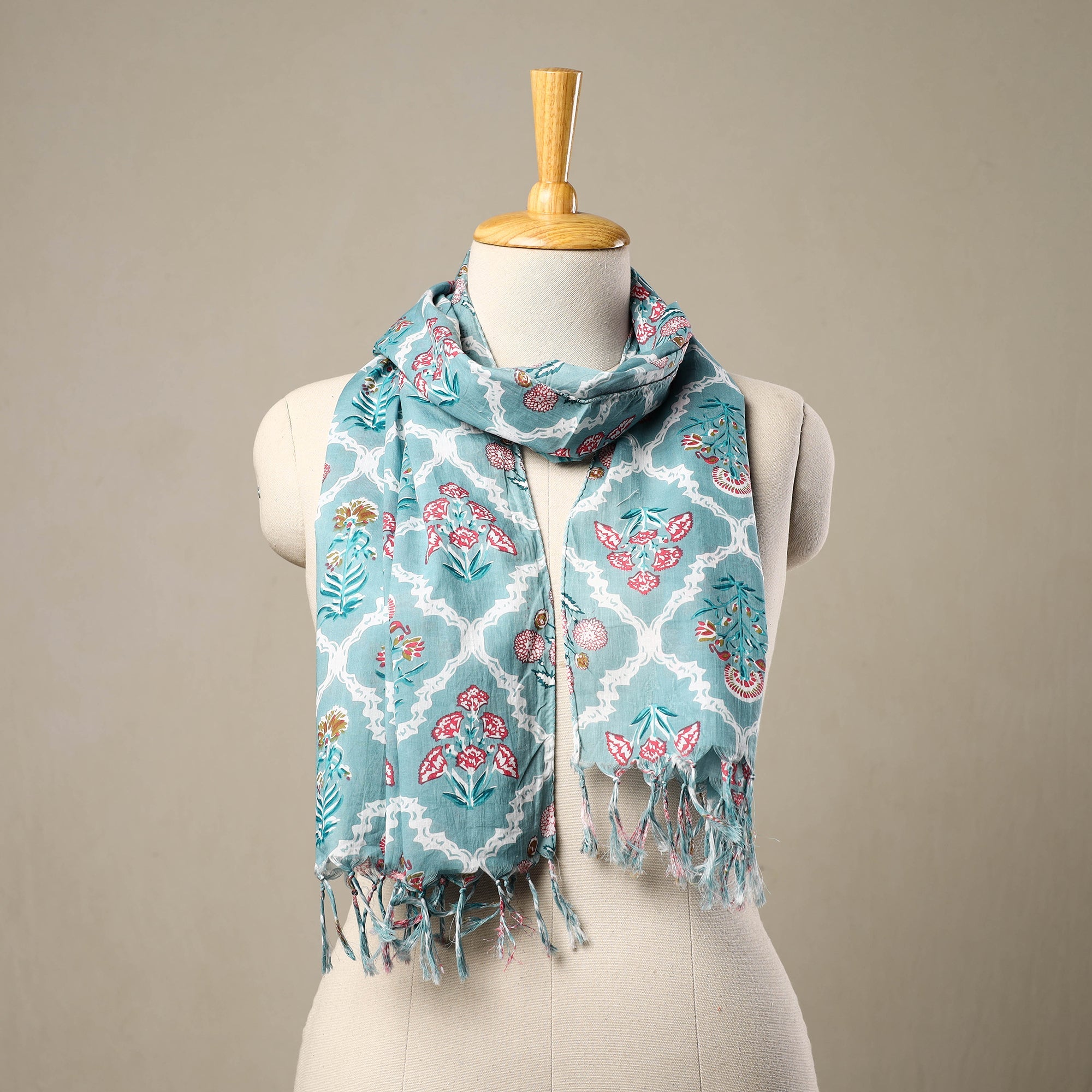 HAVELI CHRONICLES Blue - Block Print Cotton Sanganeri Stole with Tassels 196