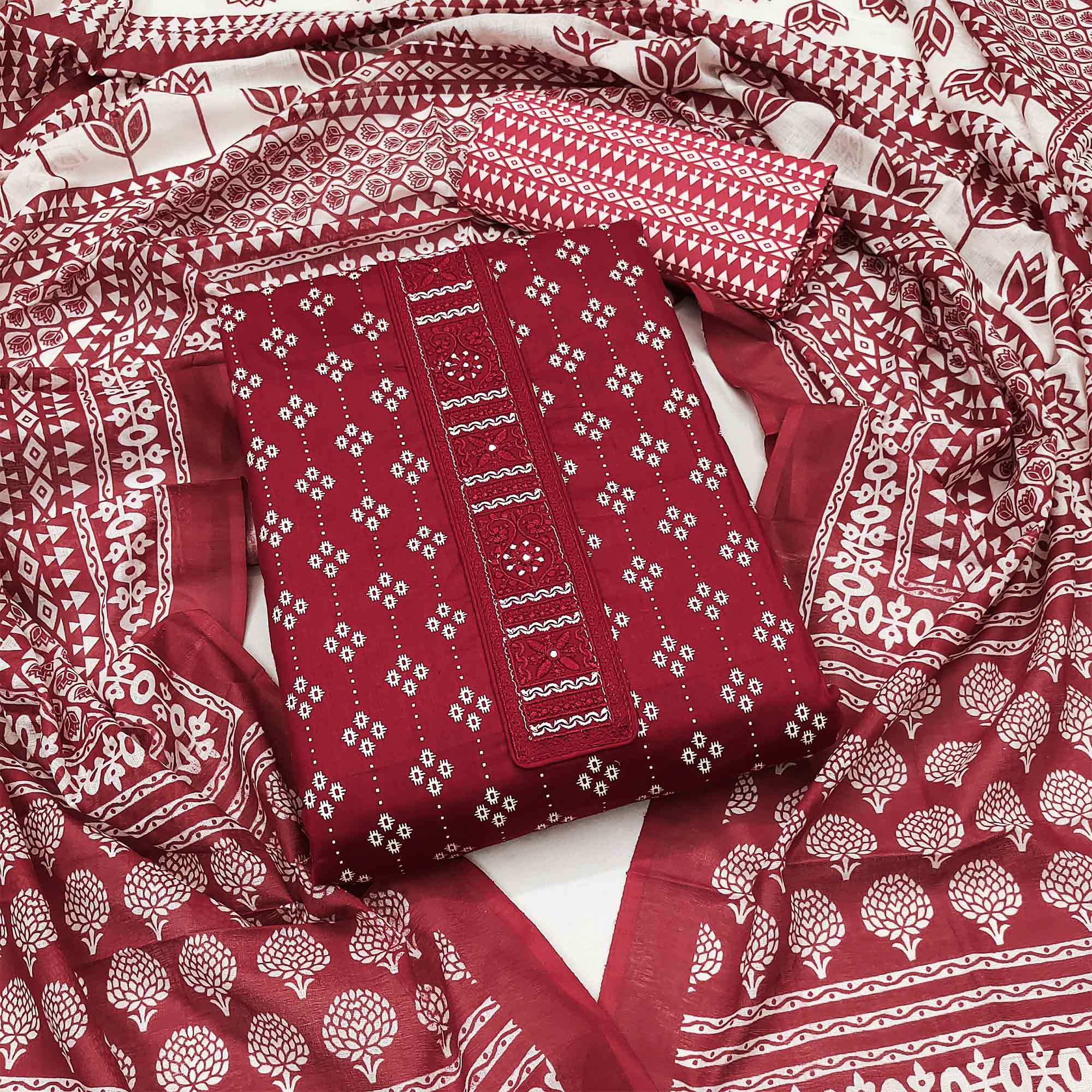 Peachmode Maroon Floral Printed Pure Cotton Dress Material