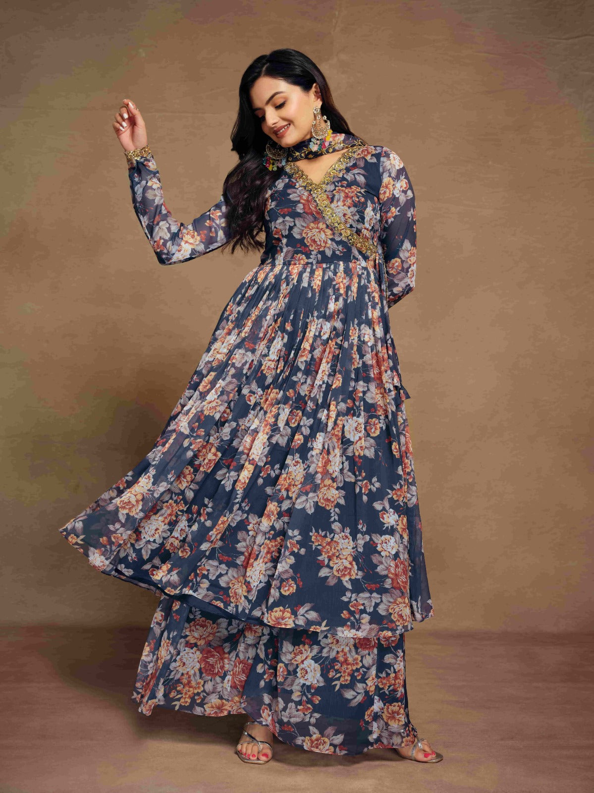 ClothsVilla Blue Chiffon Printed Zari Work Sequence Suit with Palazzo and Dupatta - view 2