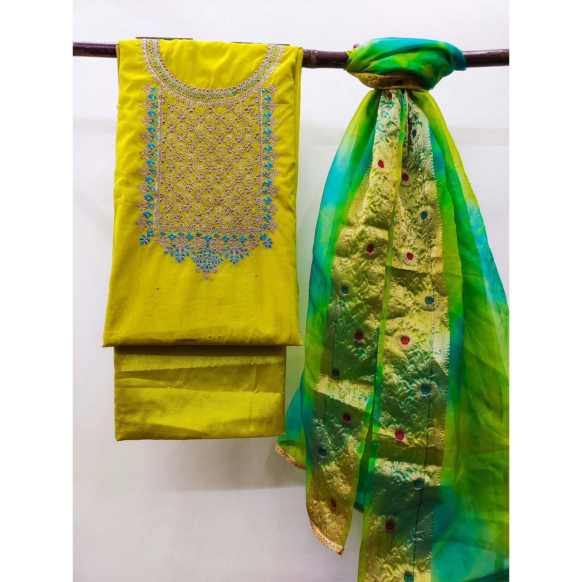 Peachmode Lemon Green Embroidered Modal Dress Material - view 4