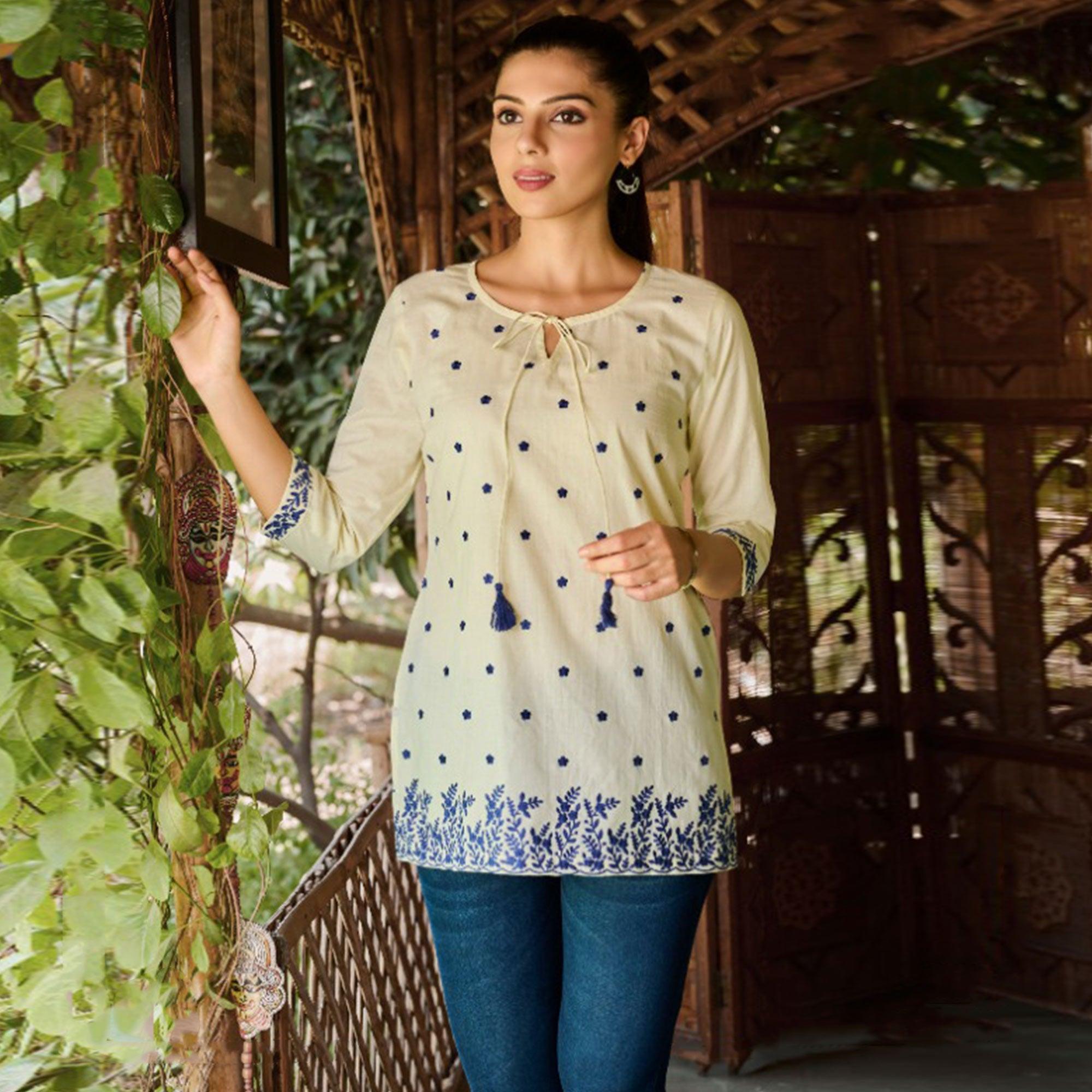 Peachmode Seller Light Yellow Embroidered Pure Cotton Top