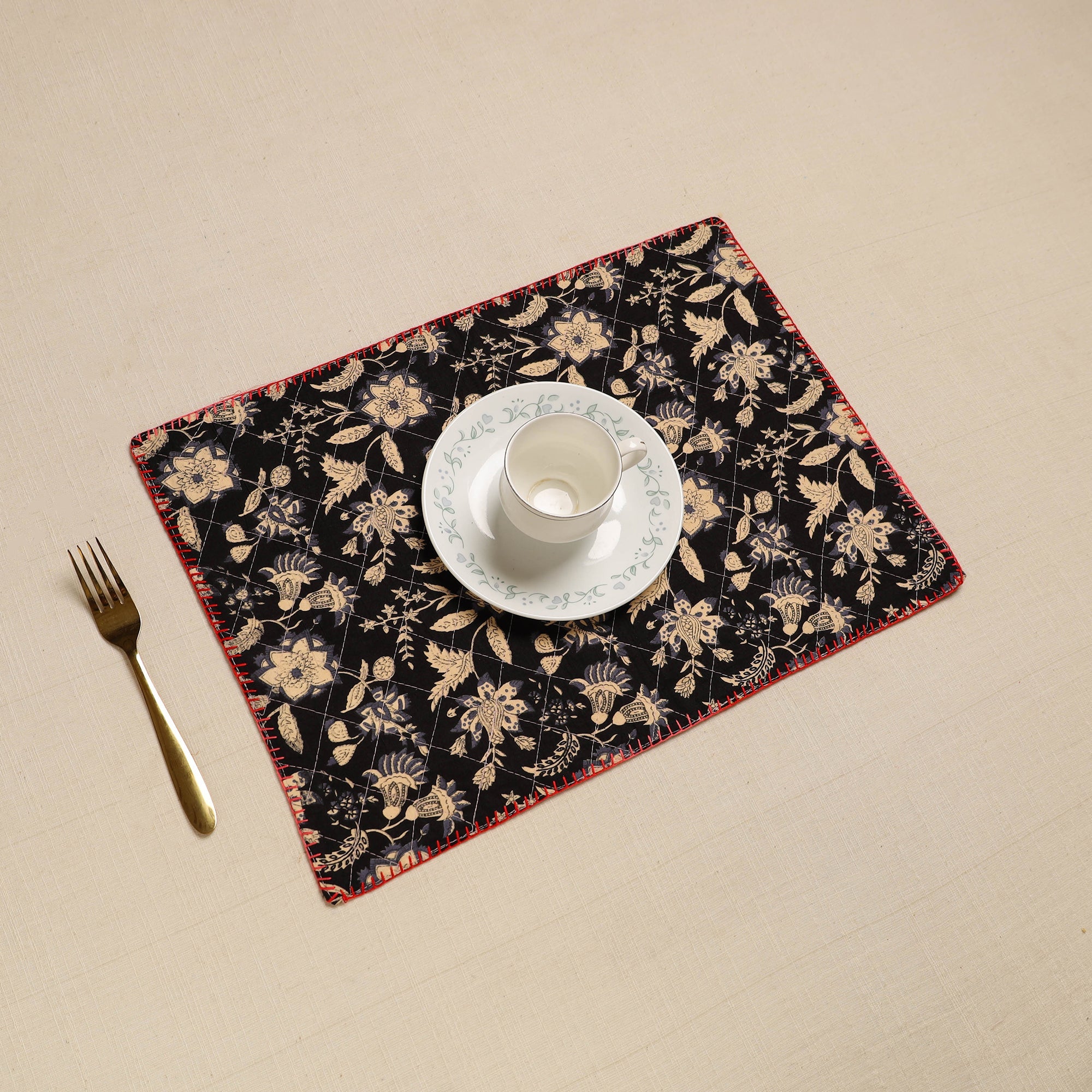 NOORI BAZAR Black - Hand Embroidered Floral Cotton Reversible Table Mat 32