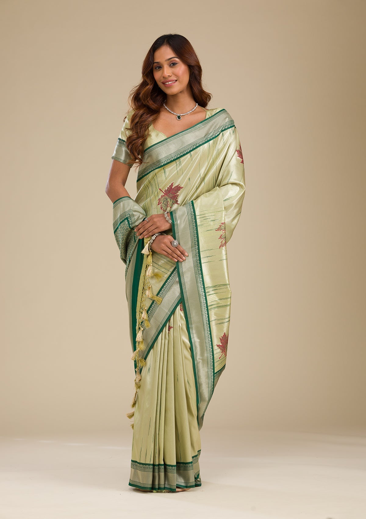 Koskii Beige Printed Soft Silk Saree – Women's