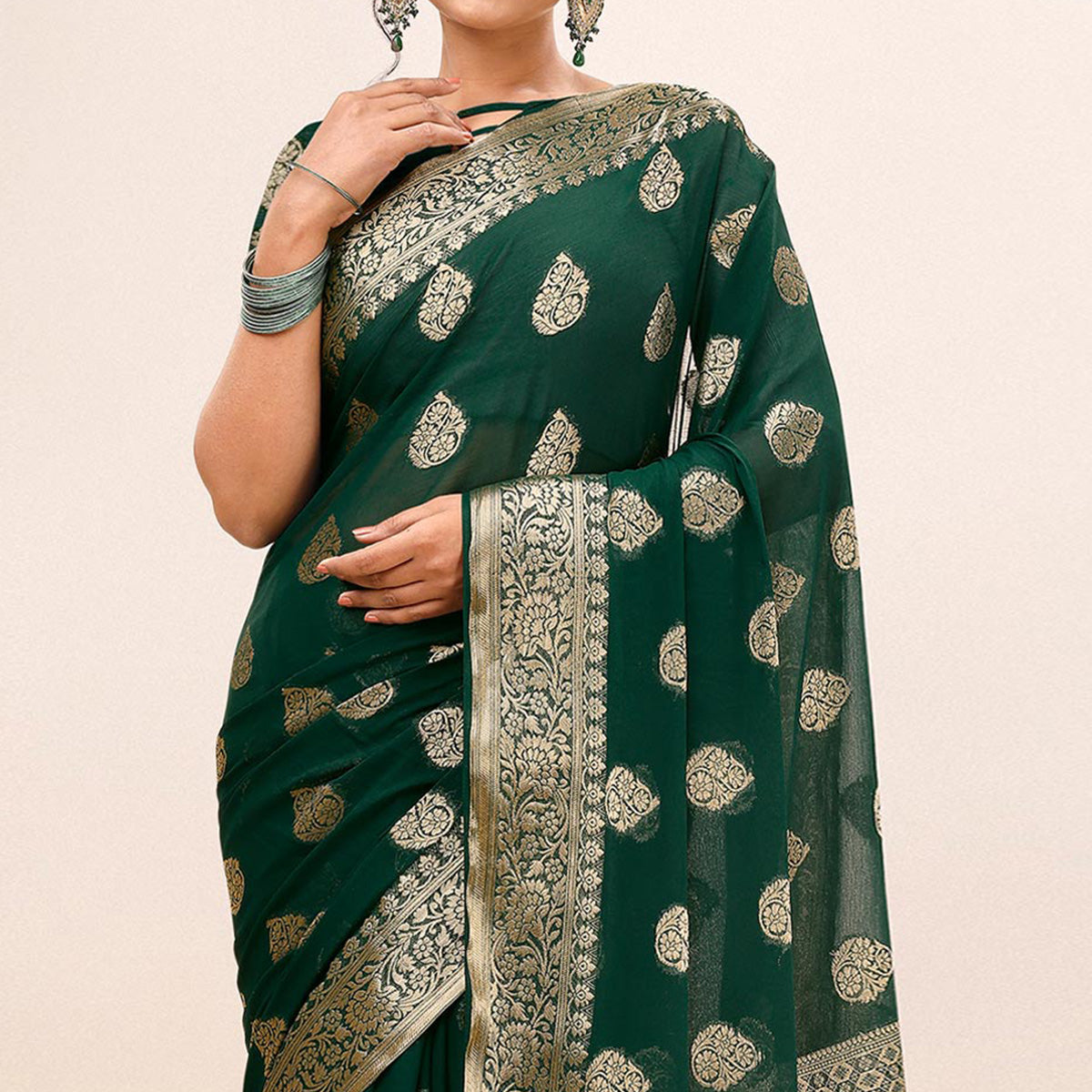 Peachmode Dark Green Woven Chiffon Saree With Tassels - view 3