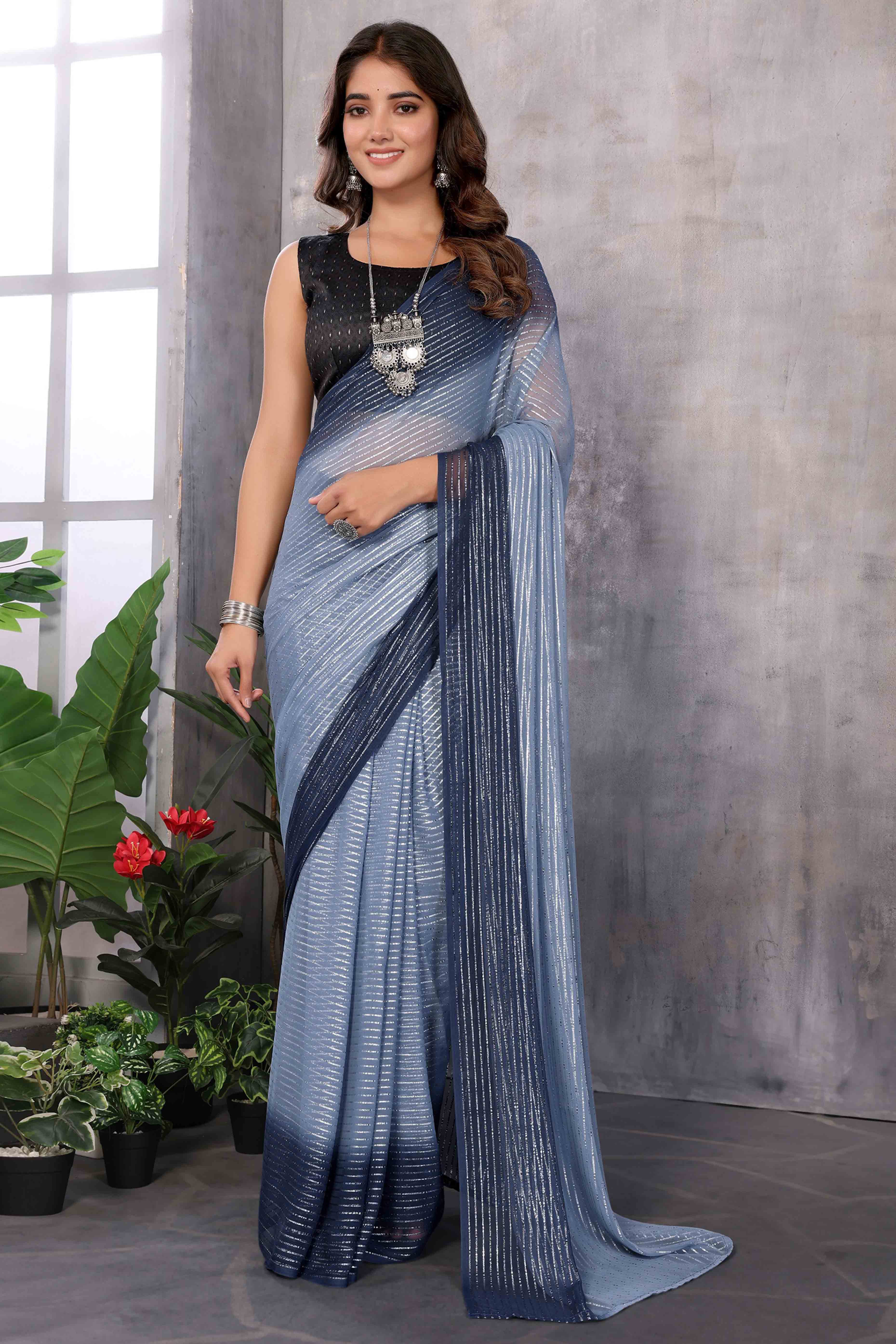 Peachmode Grey Striped Zari Woven Art Silk Ready To Wear Saree - view 3