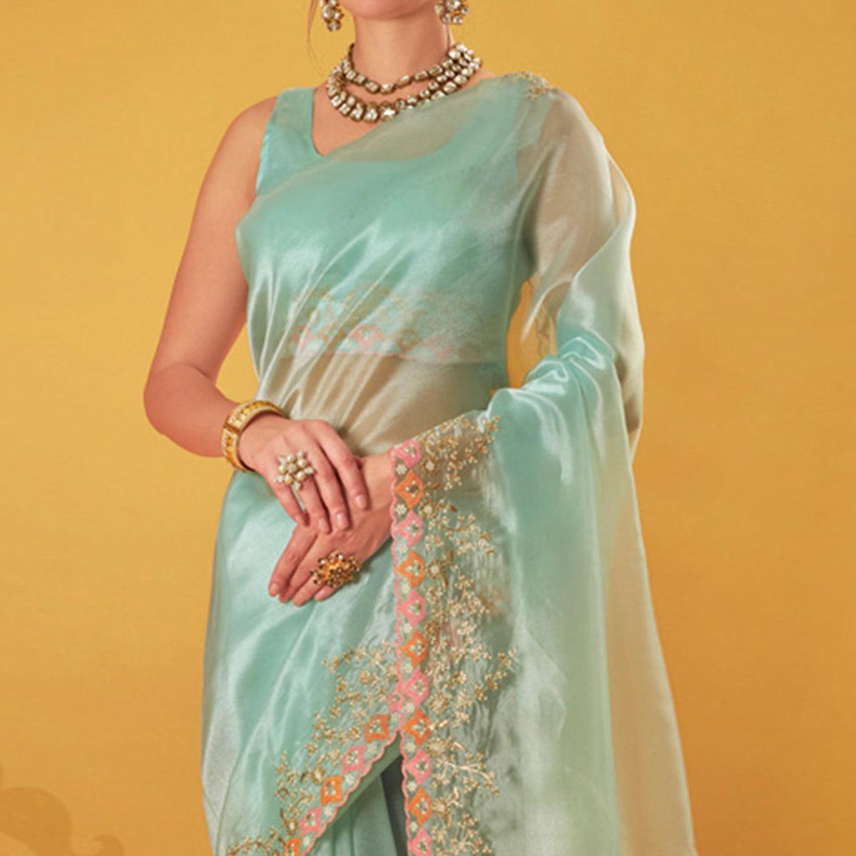 Peachmode Light Blue Embroidered Organza Saree - view 3