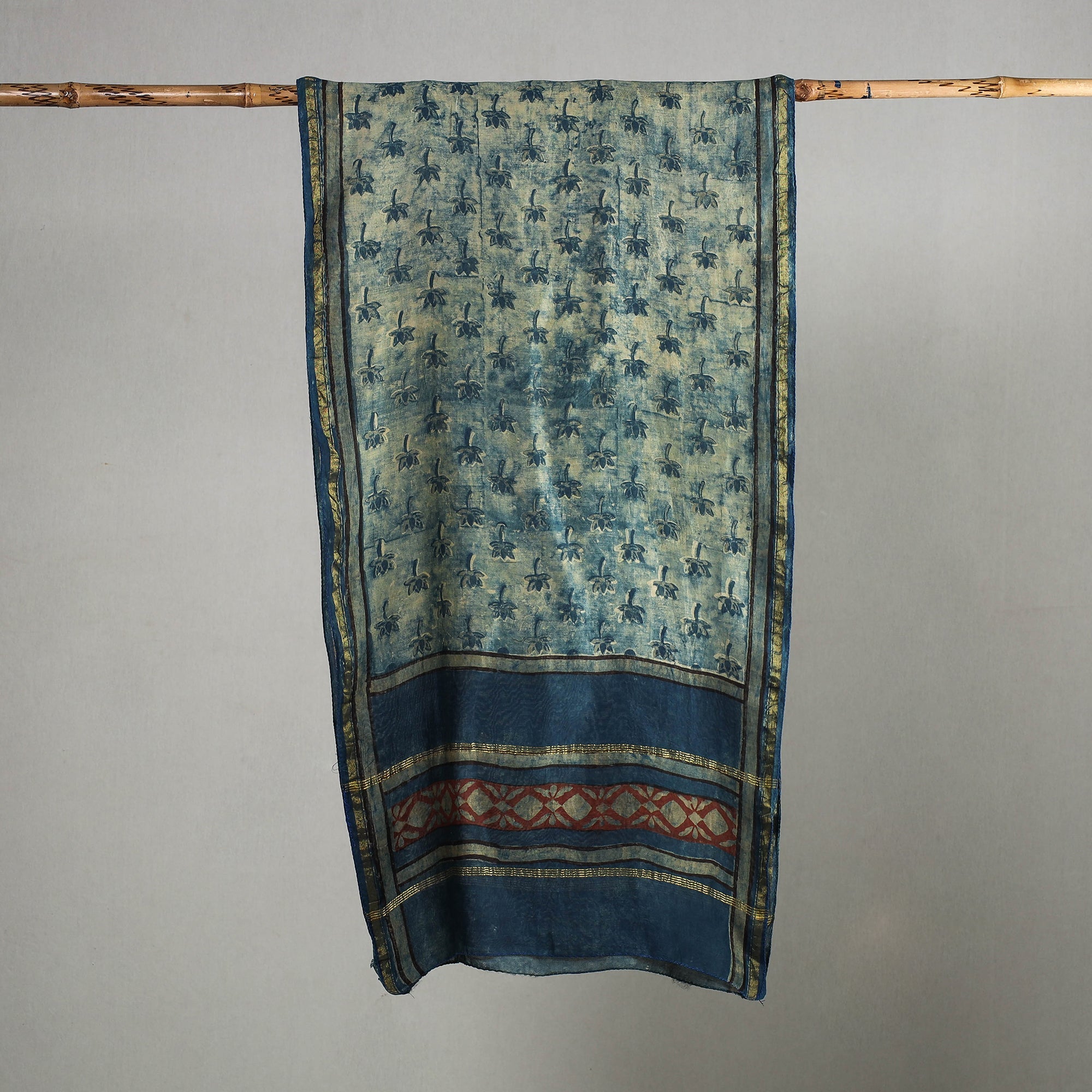 HAVELI CHRONICLES Blue - Akola Block Printed Chanderi Silk Handloom Stole with Zari Border - view 2