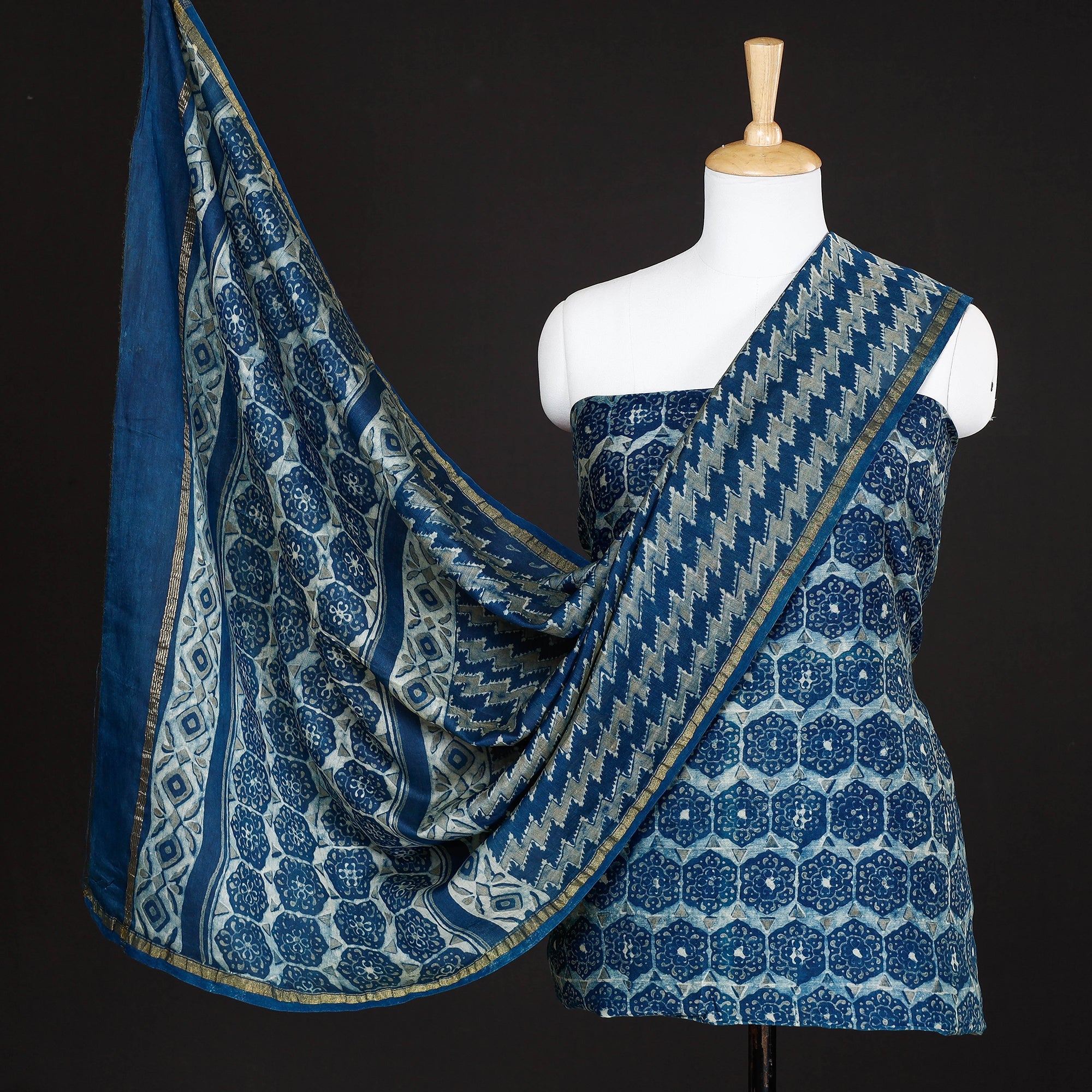 HAVELI CHRONICLES Blue - 3pc Akola Block Printed Chanderi Silk Suit Material Set
