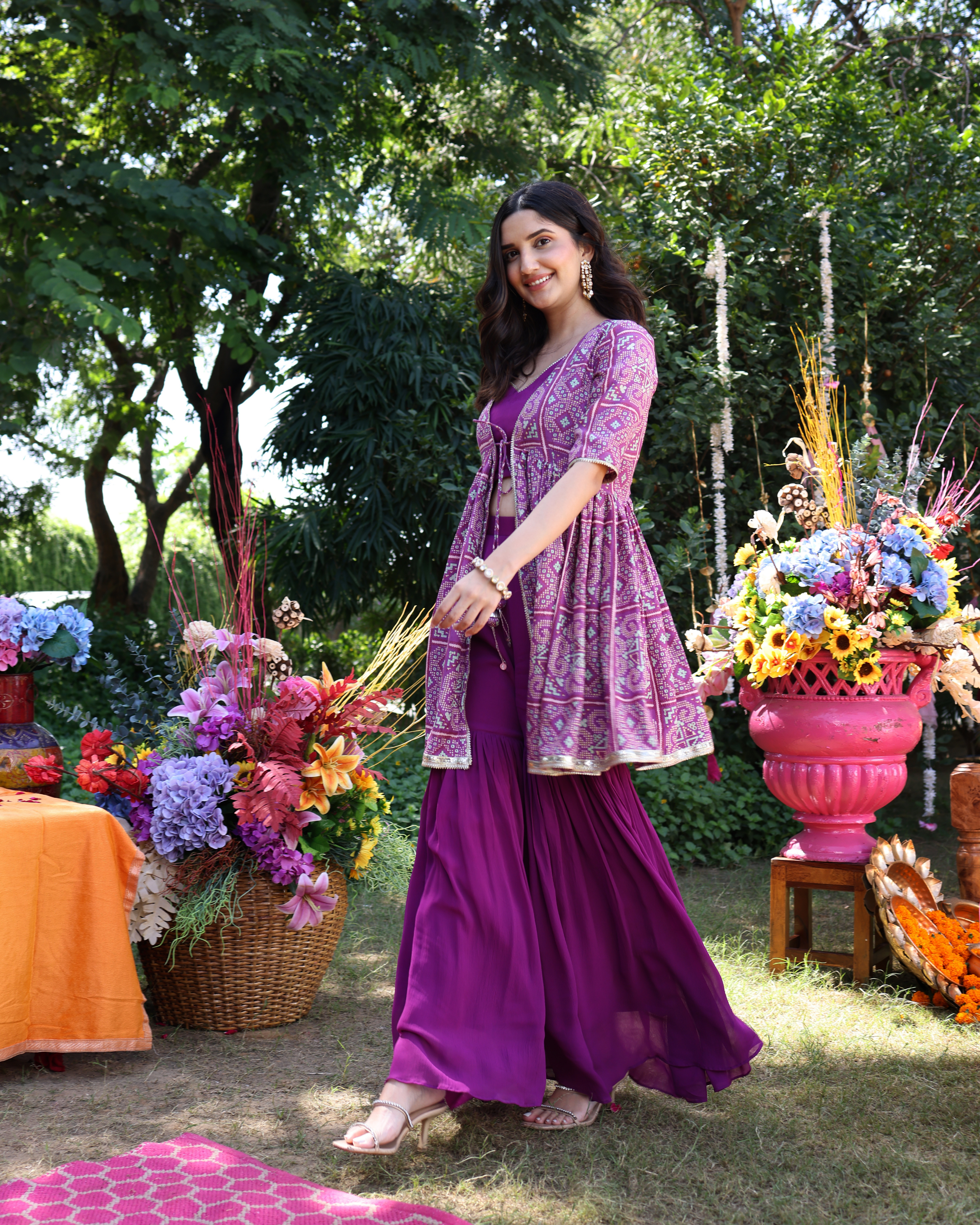 Aachho Geometric Purple Elegance Printed Satin Sharara Set - view 8
