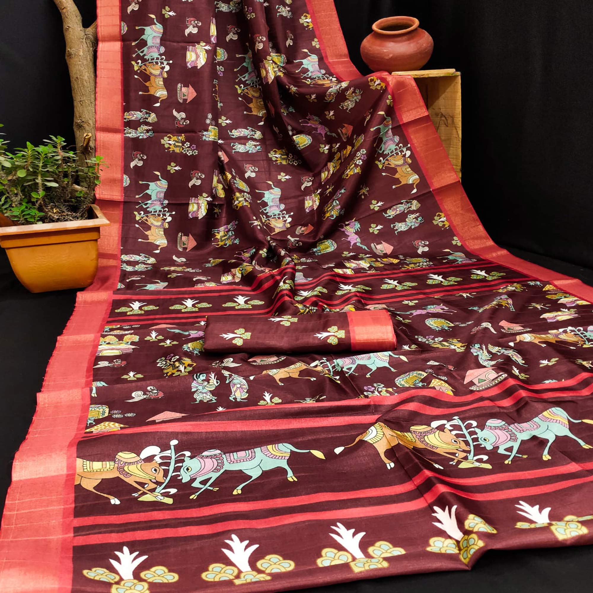 Peachmode Maroon Digital Printed Dola Silk Saree