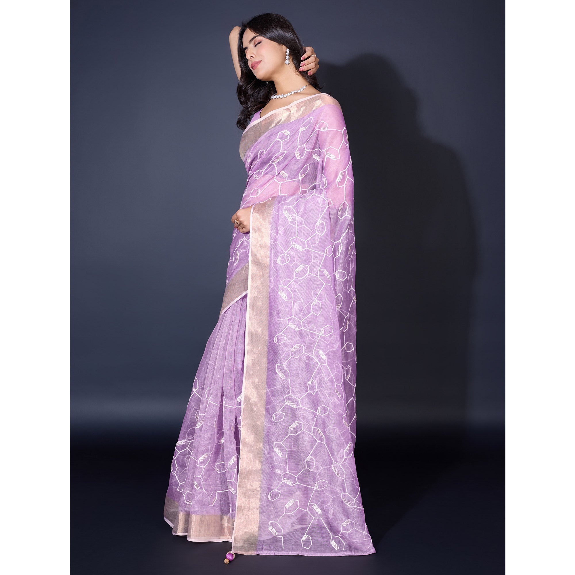 Peachmode Lavender Sequins Embroidered Cotton Silk Saree - view 4