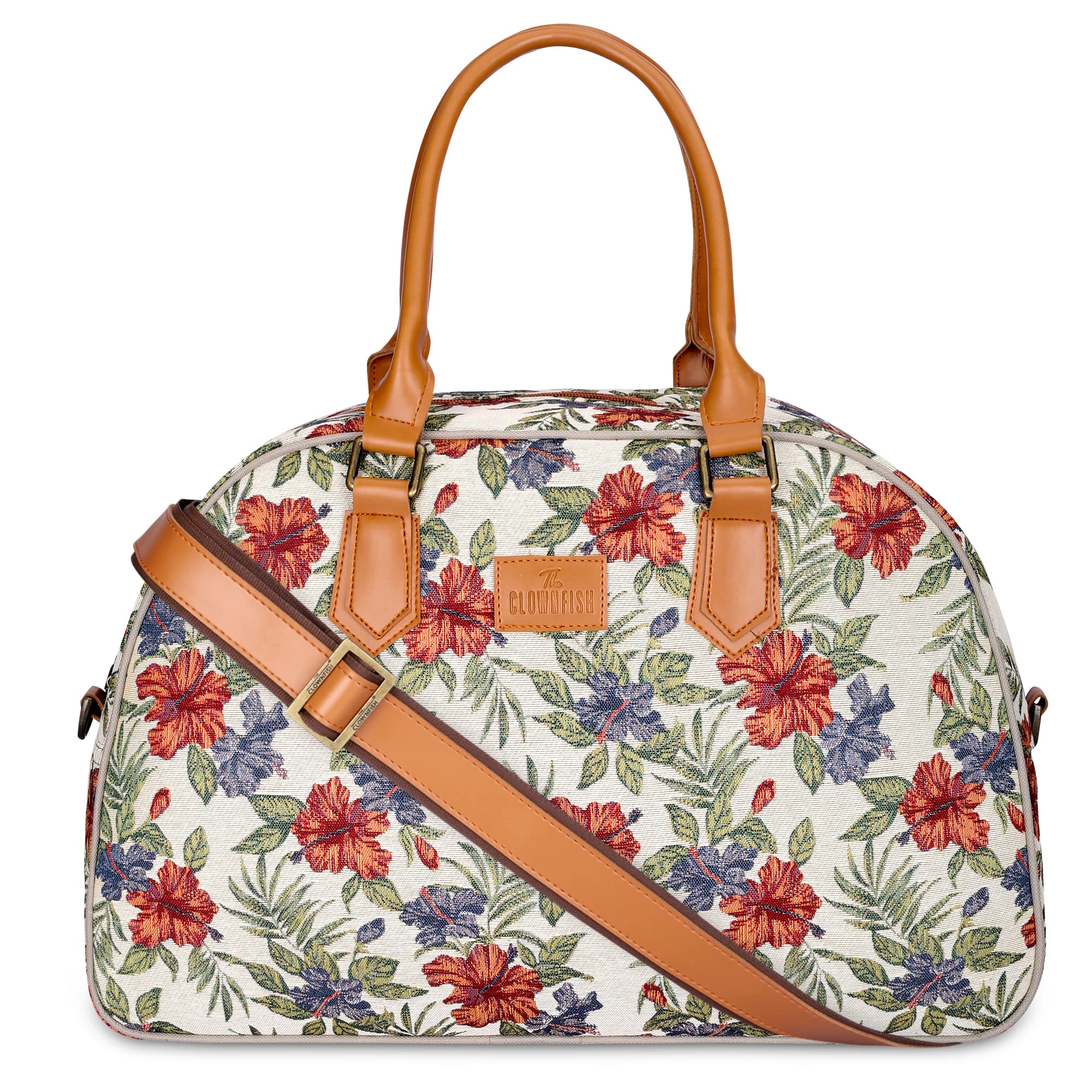 The Clownfish Ziana Series 24 litres Tapestry & Faux Leather Unisex Travel Duffle Bag Luggage Weekender Bag (Maroon-Floral_(L) 47 x (W) 17 x (H) 30 cm