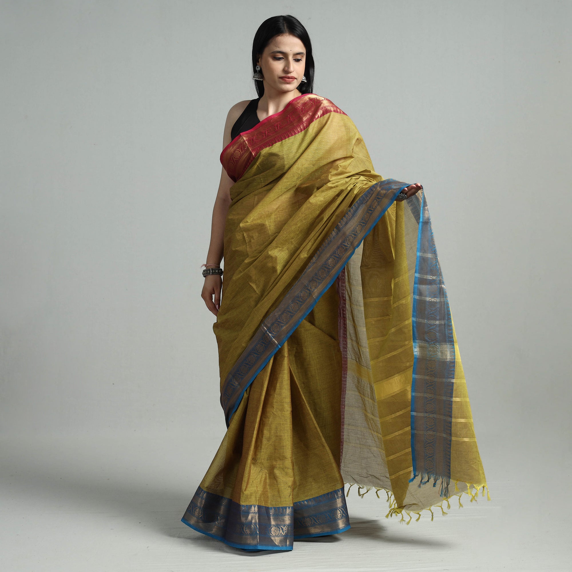 SOUTH KARGHA Brown - Green - Traditional Kanchipuram Cotton Saree with Zari Border 11 - view 2