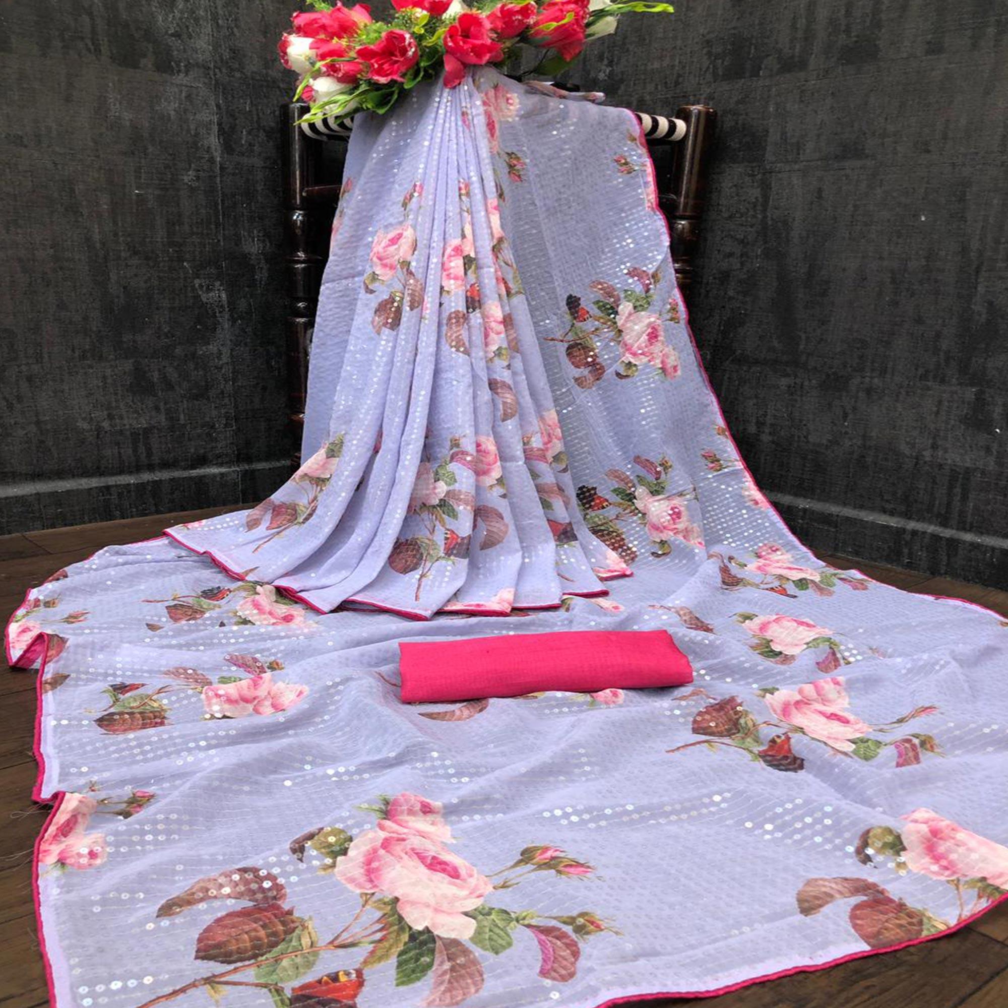 Peachmode Lavendar Casual Wear Printed & Sequins Work Heavy Georgette Saree