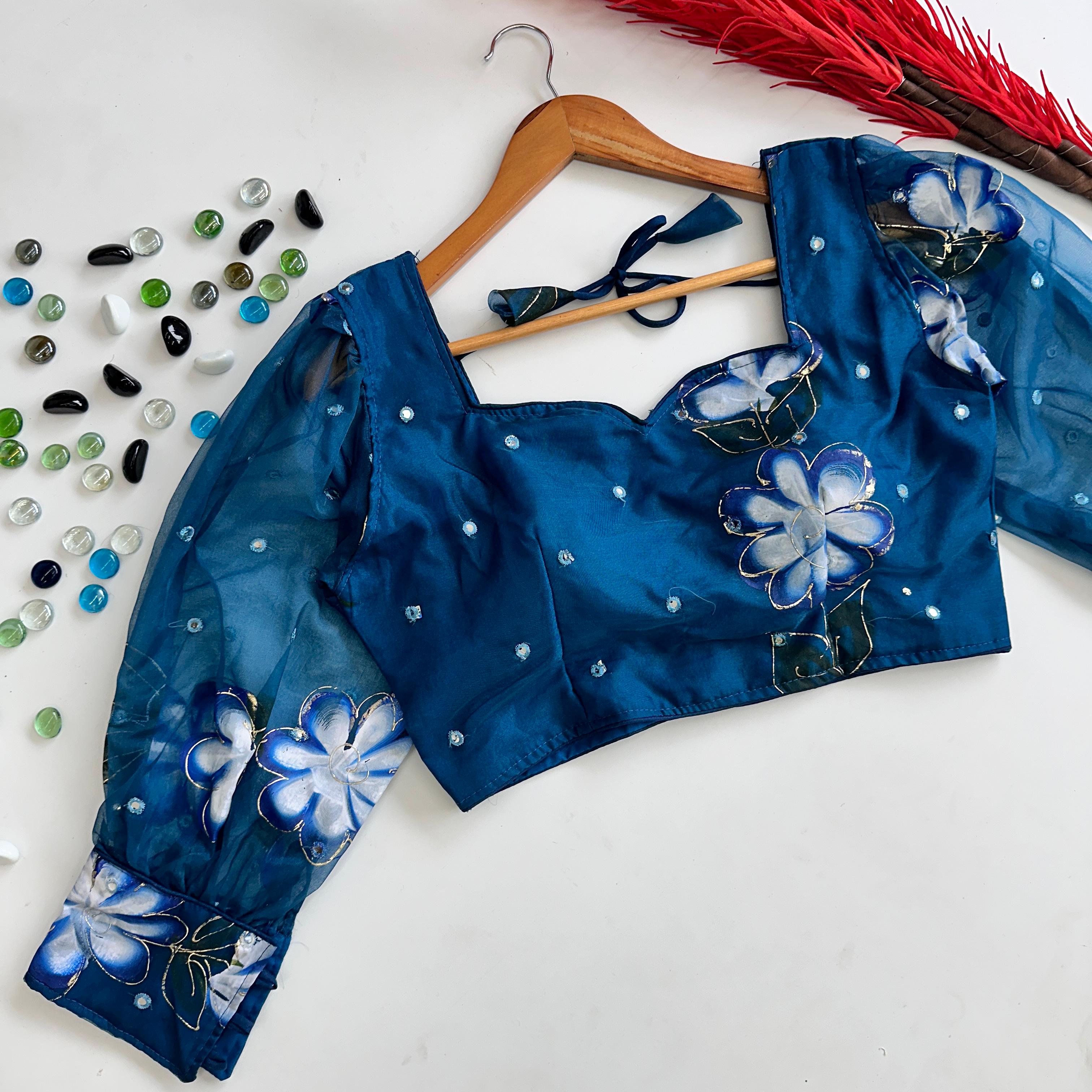 ClothsVilla Blue Hand-Painted Organza Silk Blouse with Embroidery Accents