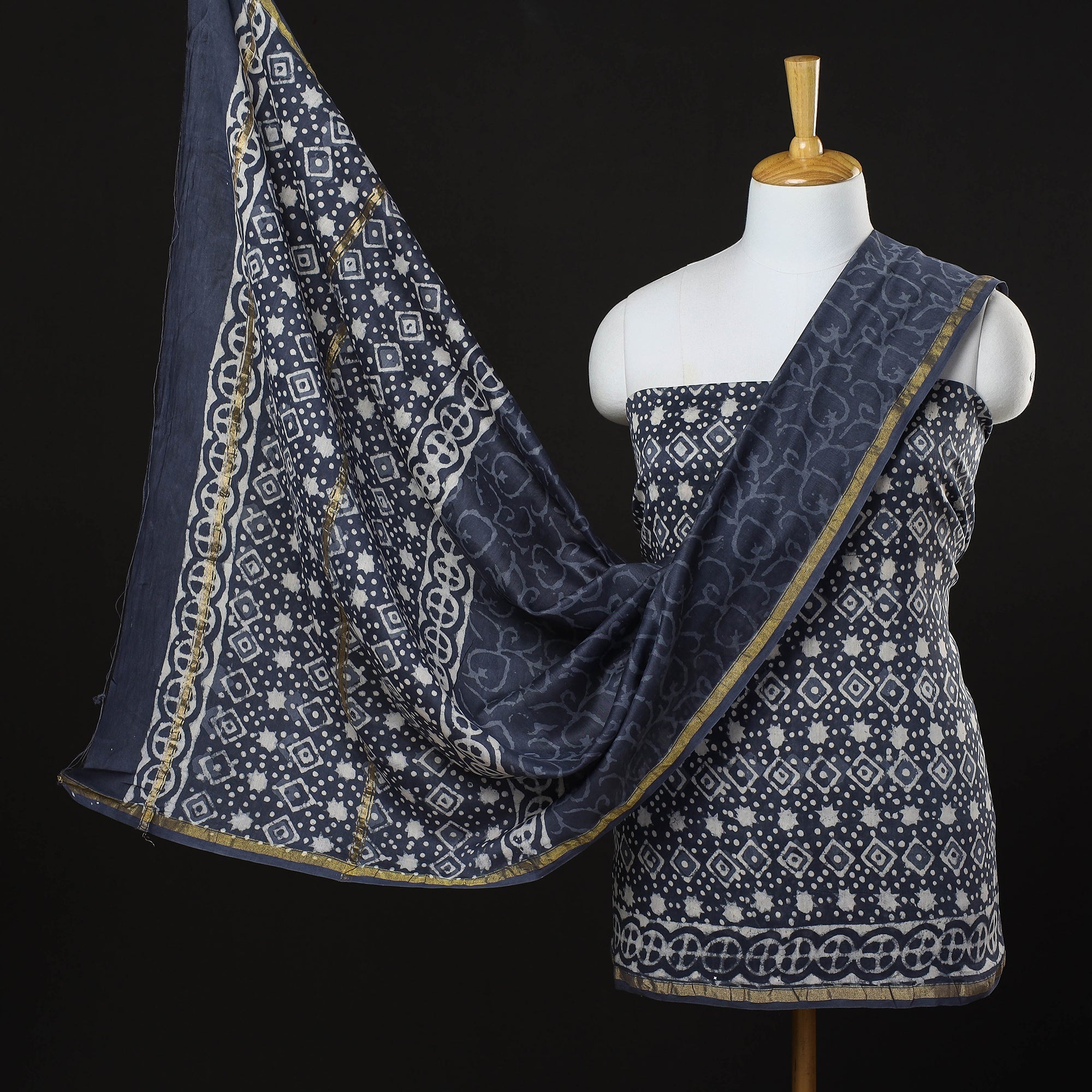 ARTISAN HAND BLOCK PRINTS Blue - 3pc Bagru Block Print Chanderi Silk Suit Material Set