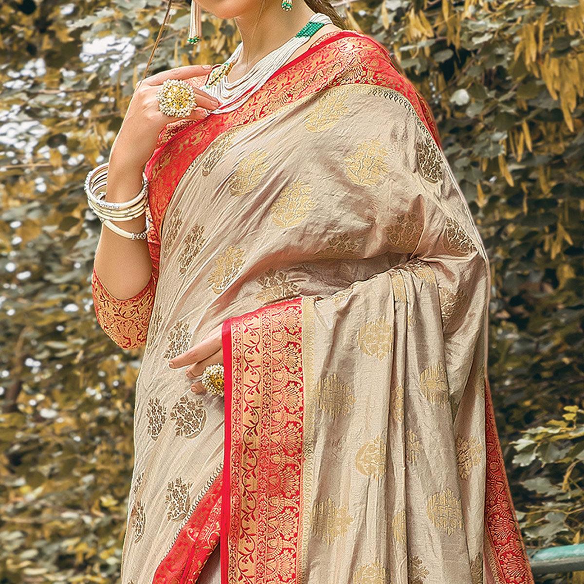 Peachmode Mesmerising Beige Colored Festive Wear Woven Nylon Silk Saree - view 2