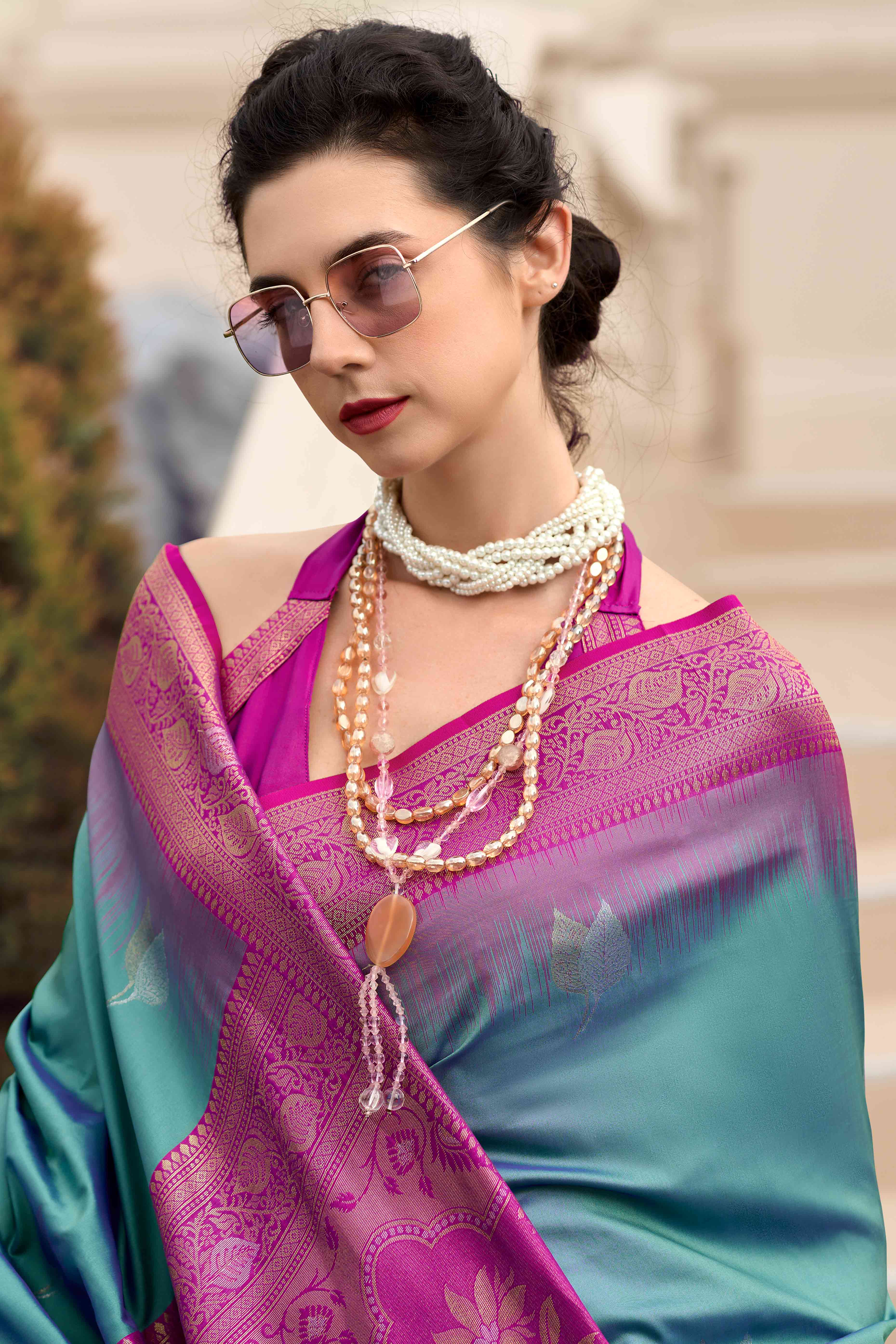 Peachmode Dusty Teal Zari Weaving Pure Silk Saree - view 5
