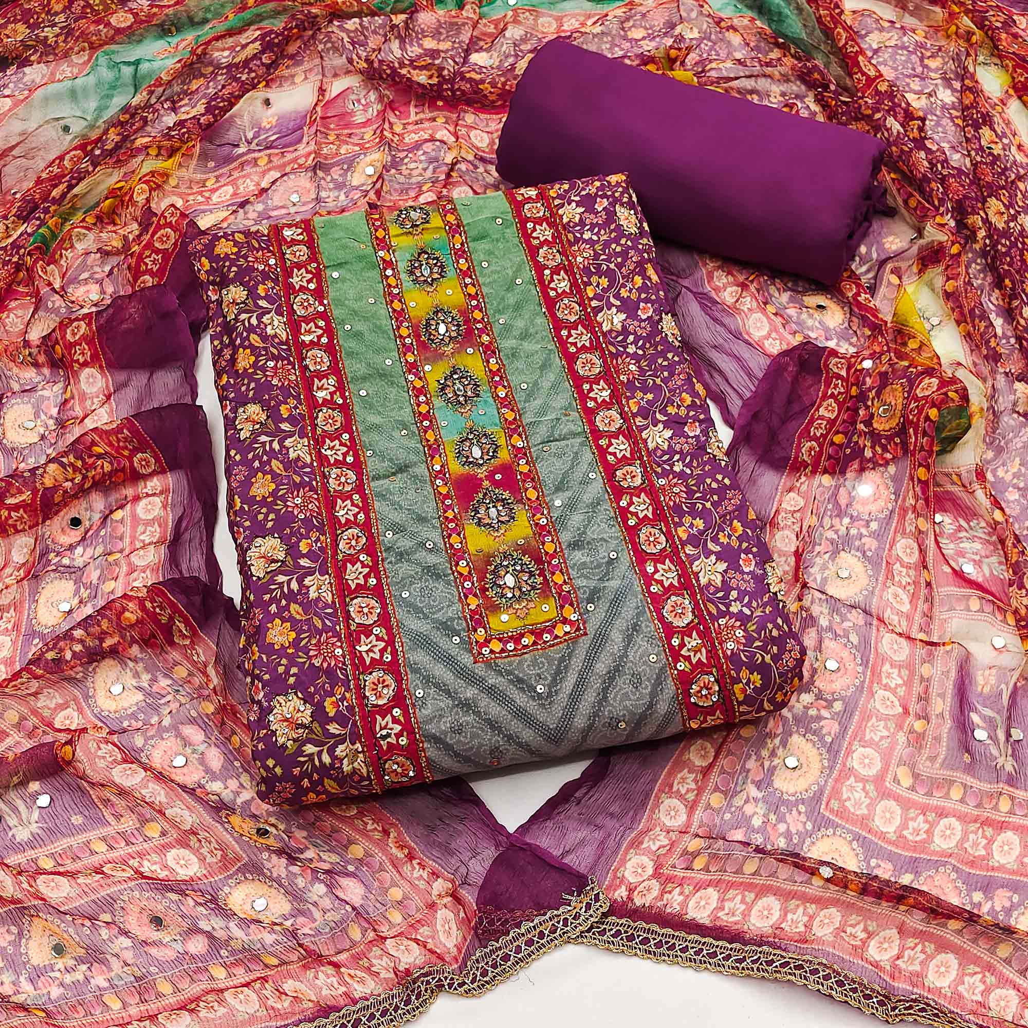 Peachmode Purple Embroidered With Printed Work Muslin Dress Material