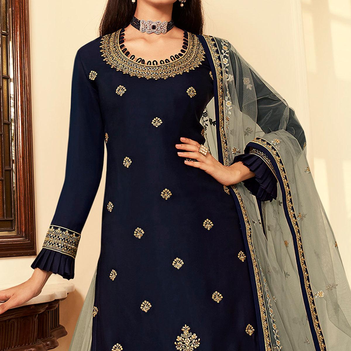 Peachmode Grey Partywear Embroidered Net Lehenga Choli - view 3