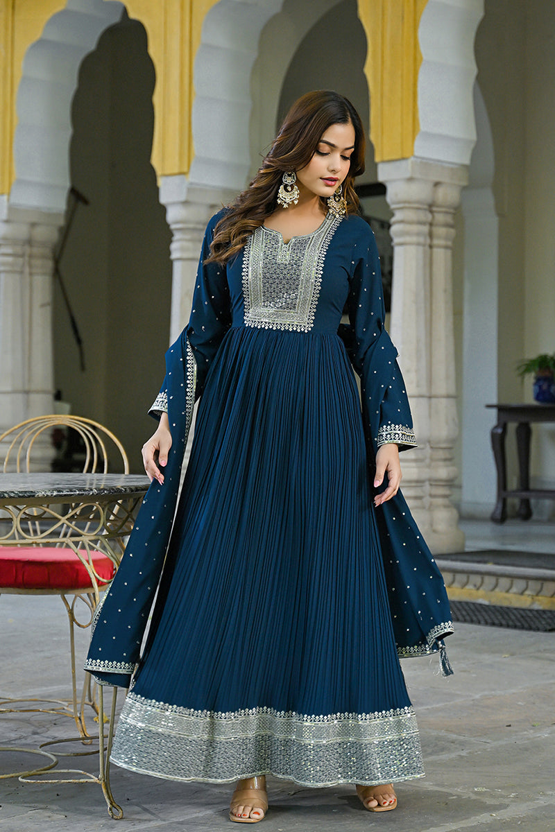 Ahika Teal Blue Georgette Solid Yoke Design Anarkali Kurta Dupatta Set VKSET1473 - view 7