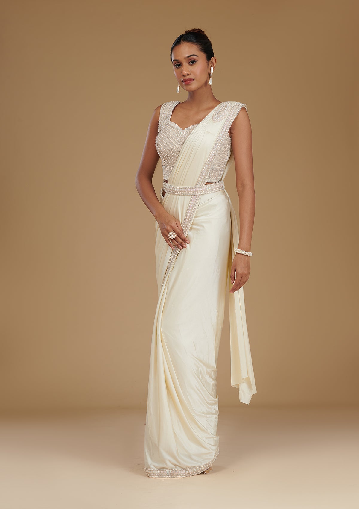Koskii Cream Stonework Satin Readymade Saree – Women's - view 5