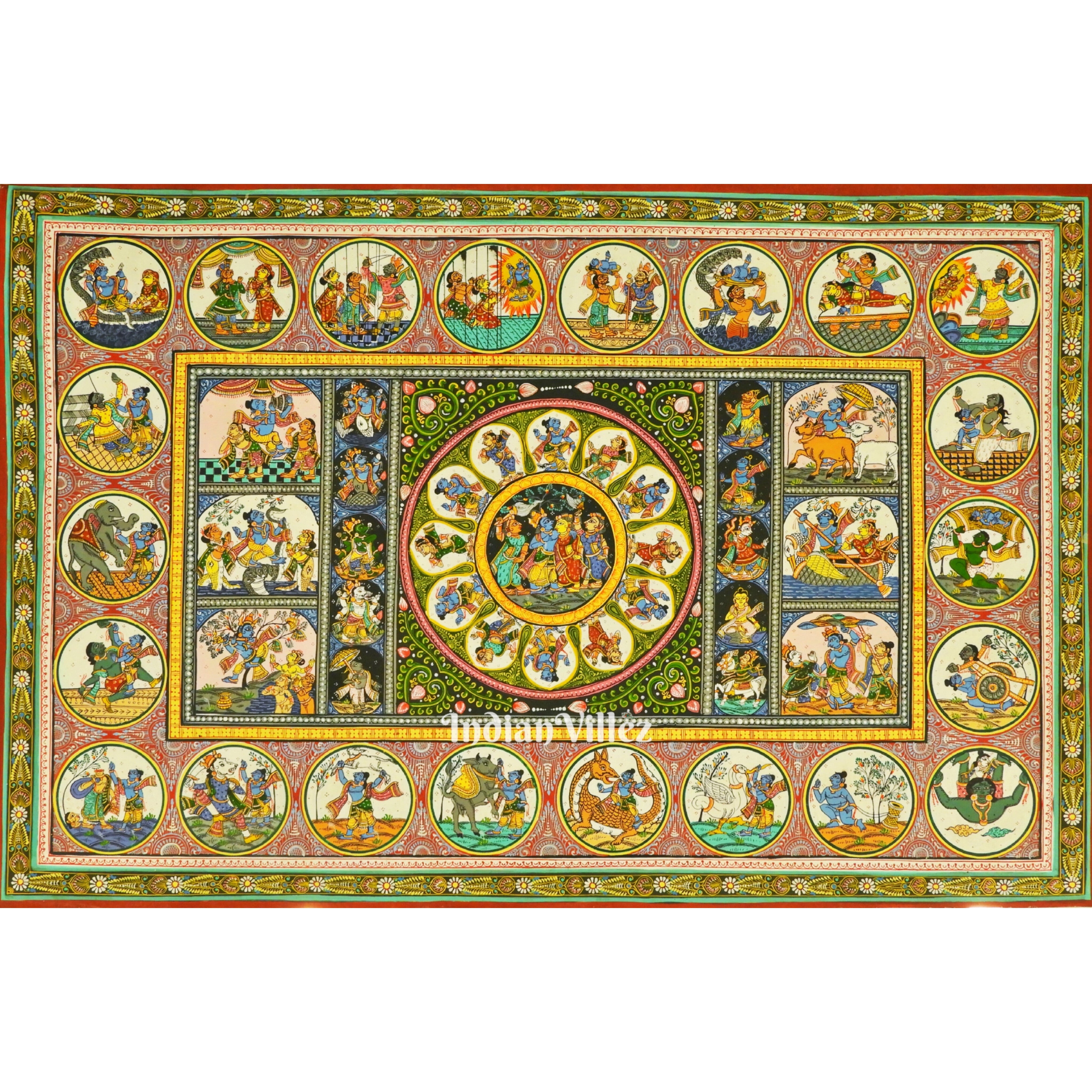 IndianVillèz Shri Krishna Life-Story Pattachitra Art Painting For Home Wall Art Decor