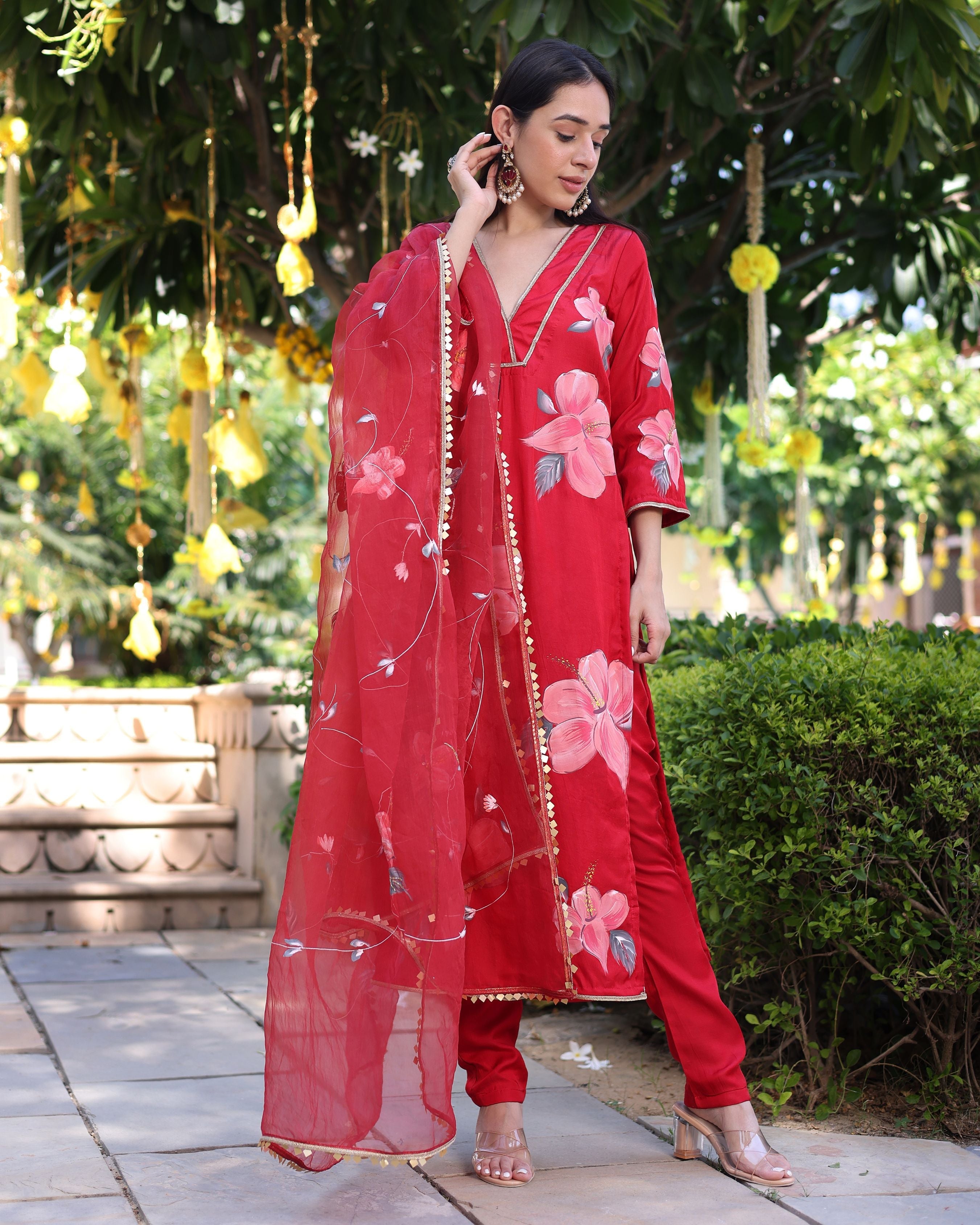 Aachho Raspberry Blush Red Handpainted Satin Suit Set - view 3