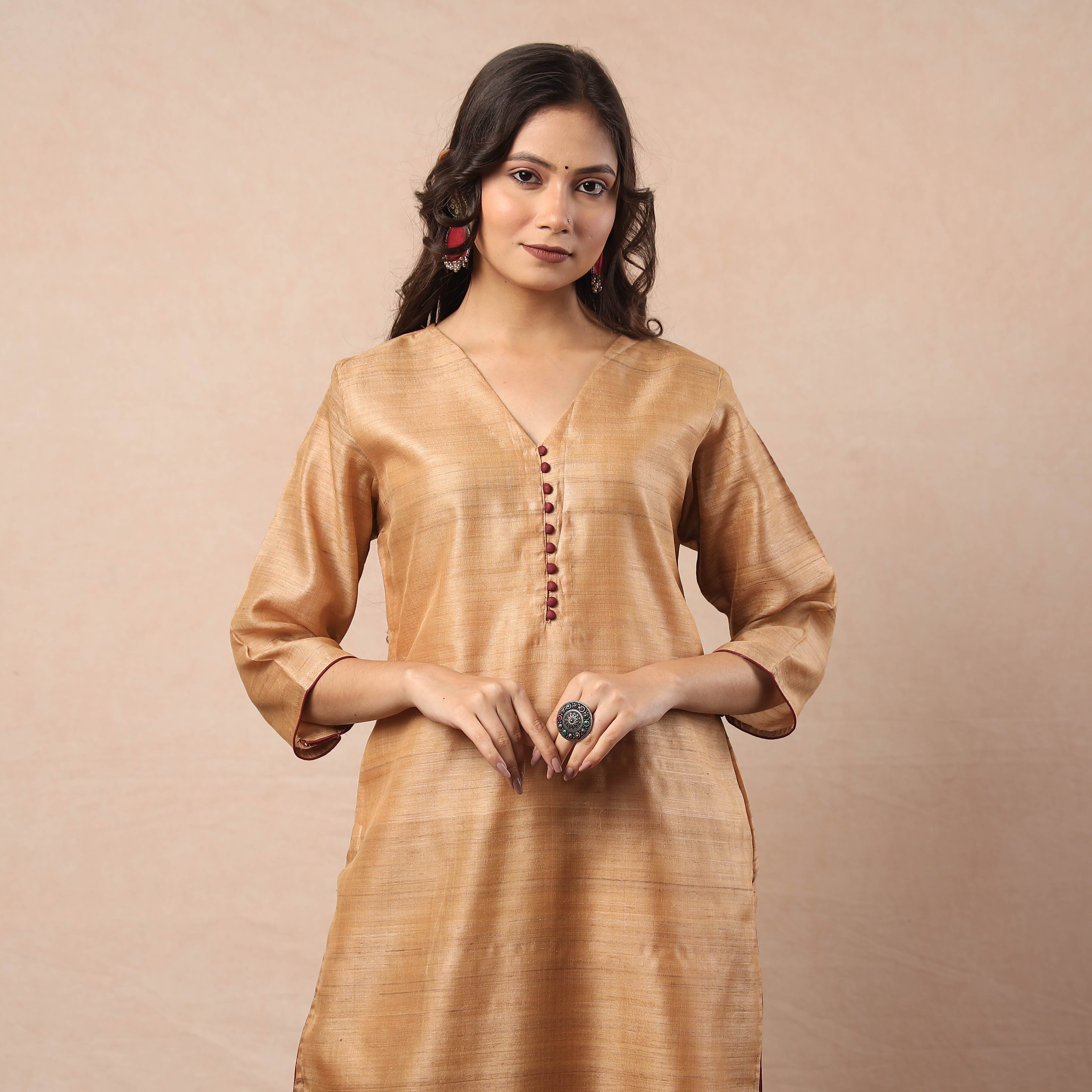 ITOKRI CASUALS Beige - Bhagalpuri Handwoven Desi Tussar Silk Long Kurta