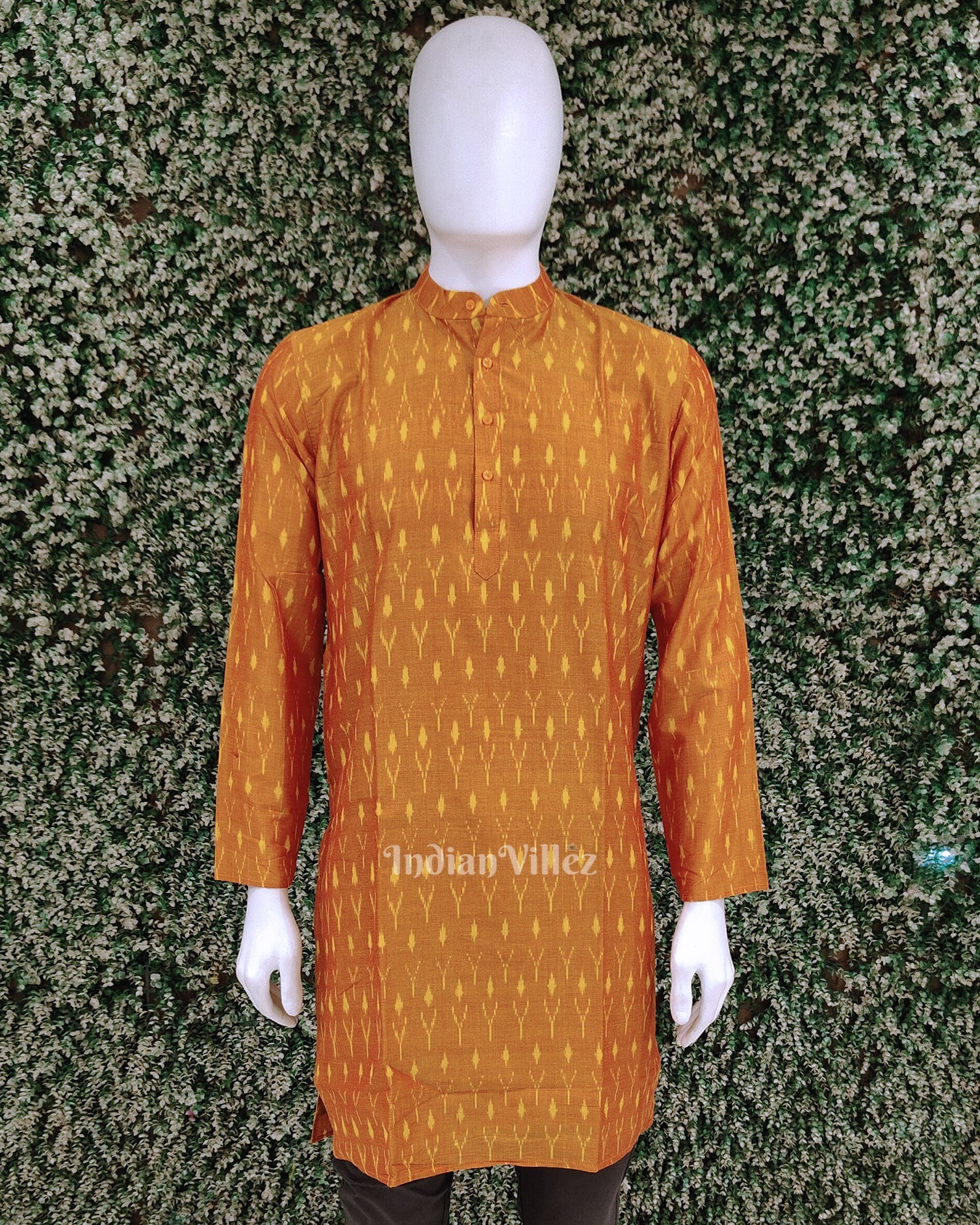 Cotton sico kurta – IndianVillèz Mustard Yellow Pochampally Ikat Silk & Cotton (Sico) Kurta For Men
