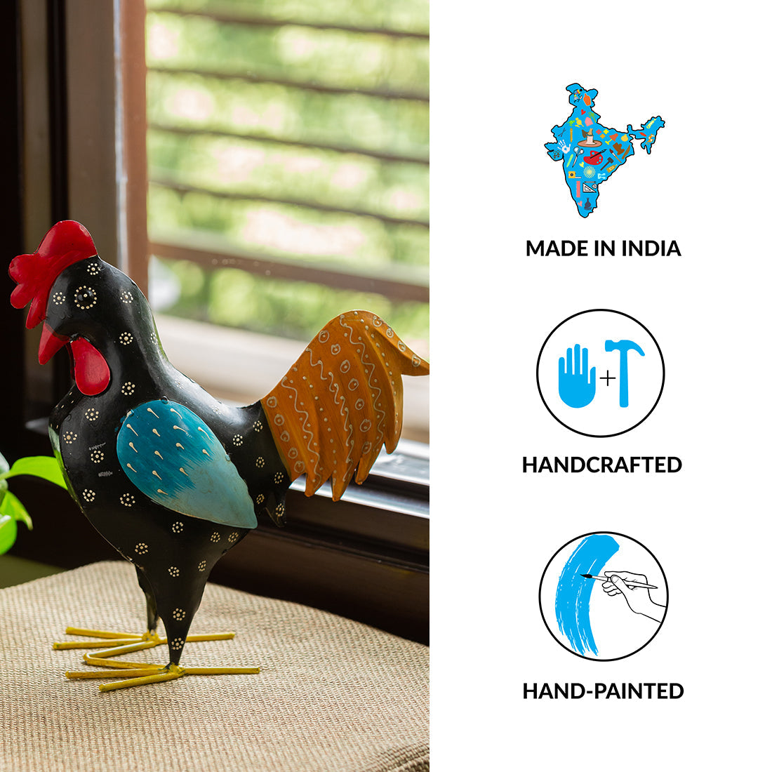 EXCLUSIVELANE 'Rooster Ruckus' Handpainted Garden Decorative Showpiece In Metal (12 Inch) - view 5