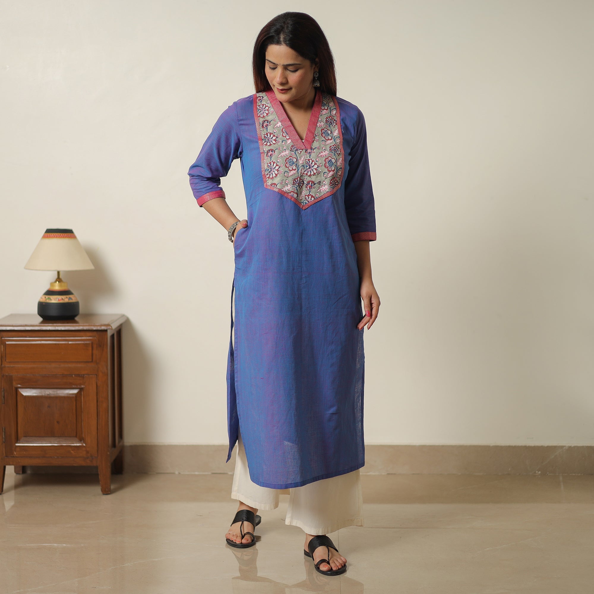 ITOKRI CASUALS Blue - Dharwad Cotton Straight Kurta with Sanganeri Patchwork 02 - view 3