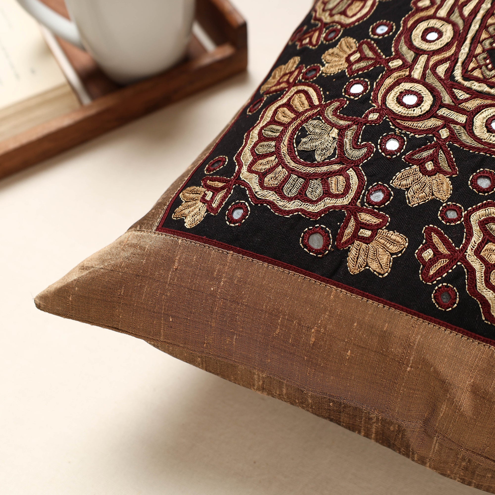 QASAB Brown - Kutch Pakko Hand Embroidery Silk Cushion Cover (16 x 16 in) - view 2