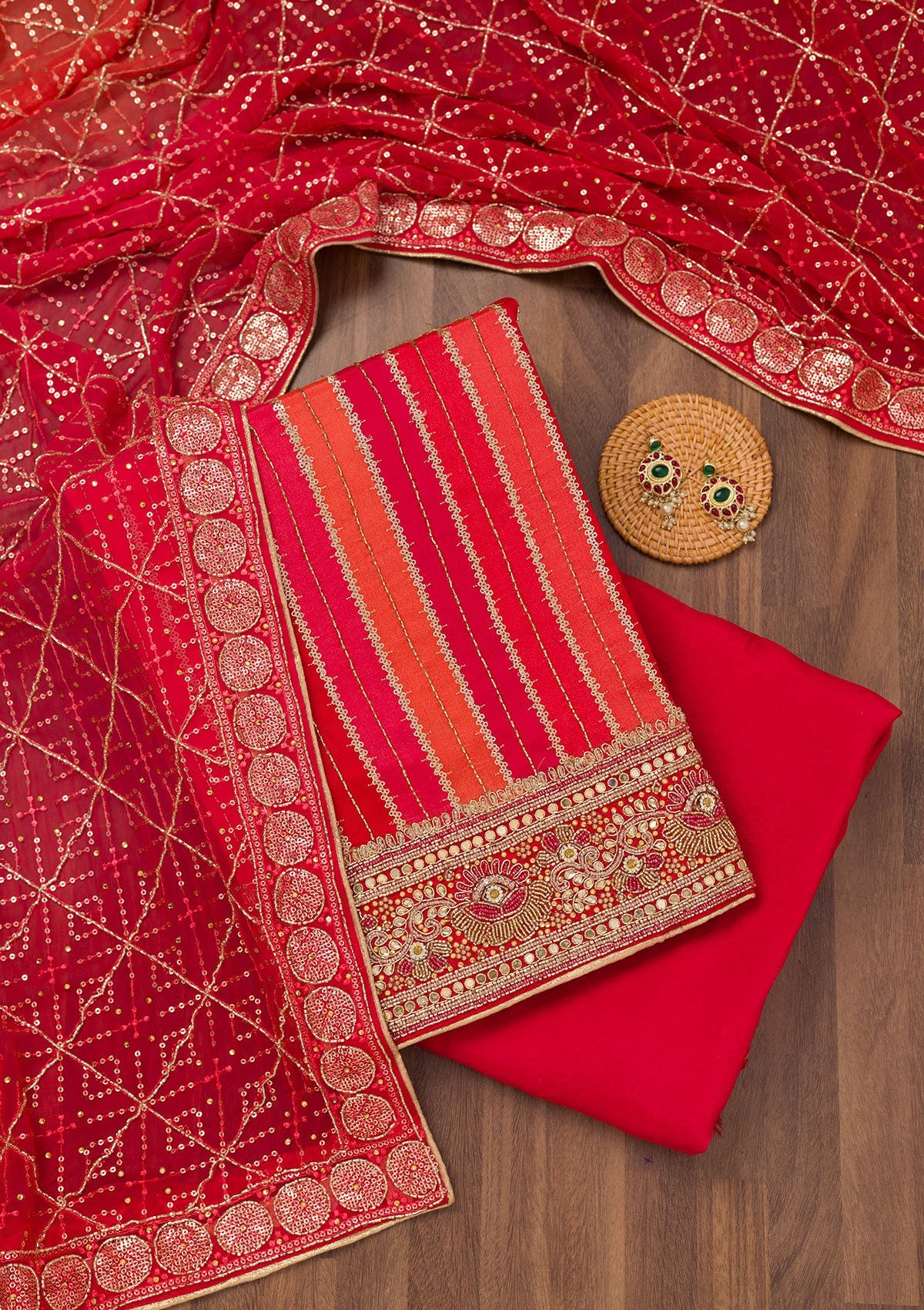 Koskii Red Zariwork Semi Crepe Unstitched Salwar Suit