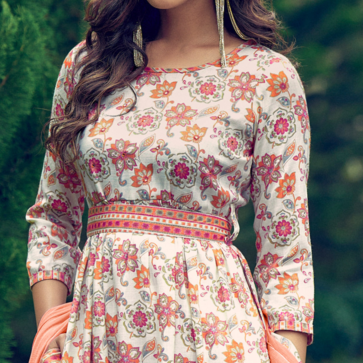 Peachmode Seller Cream Printed With Mirror Work Rayon Naira Cut Suit - view 2
