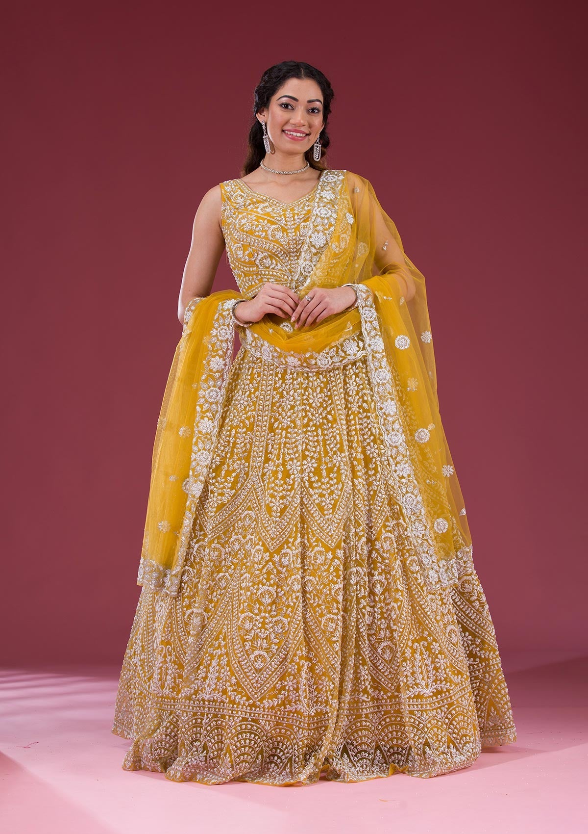 Koskii Yellow Zariwork Net Readymade Lehenga – Women's