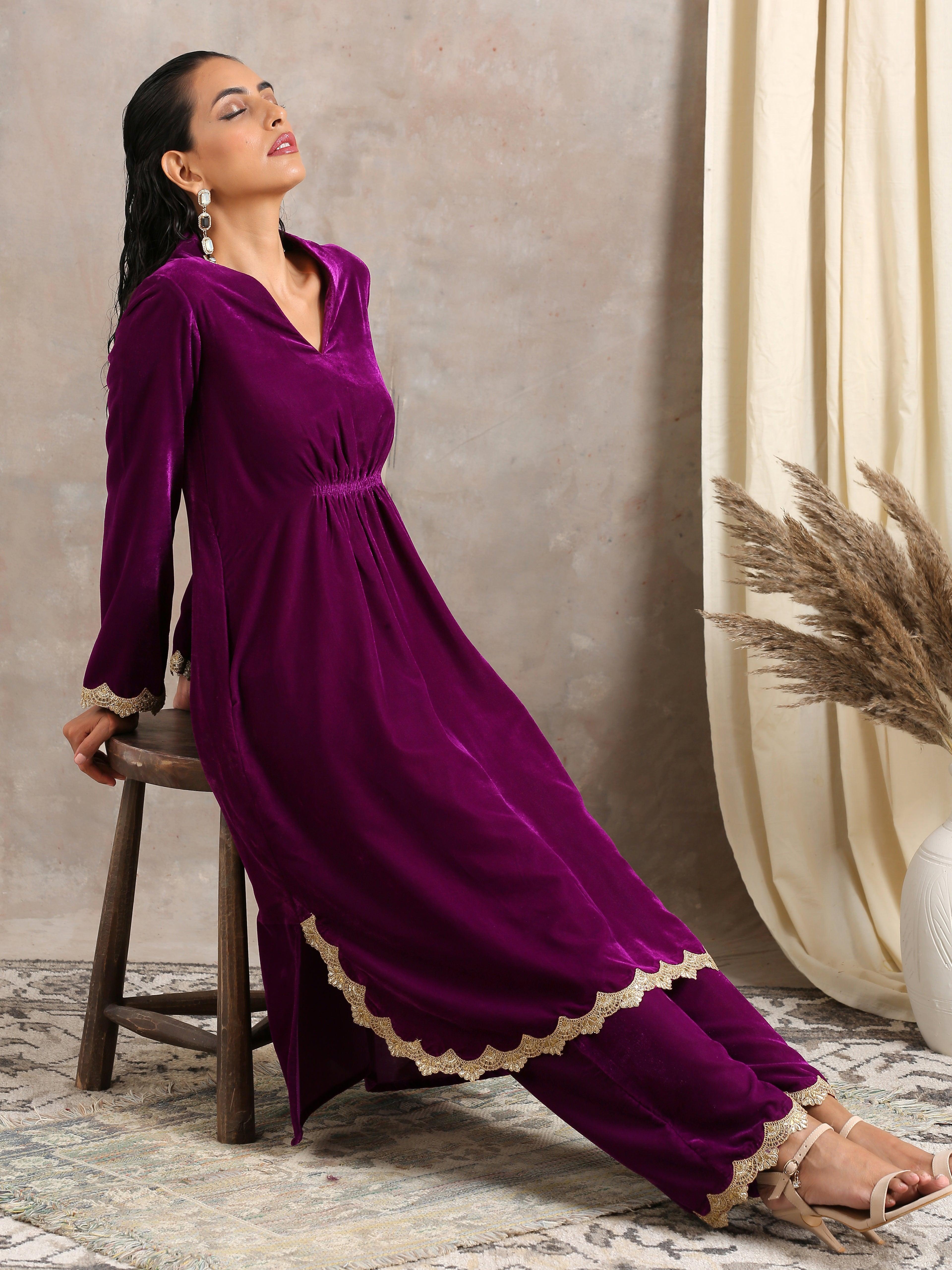Wine Velvet Lace Kurta Pant Set | Relove - view 13