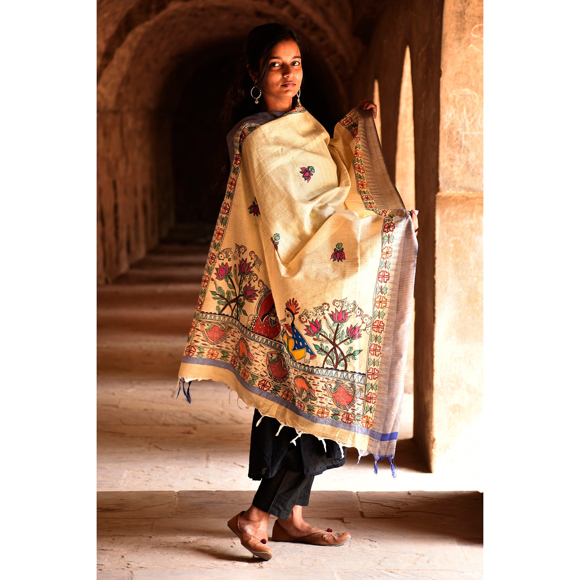 DIORAMA DESIGNS Beige - Madhubani Hand-Painted Radha Krishna Cotton Dupatta - view 2
