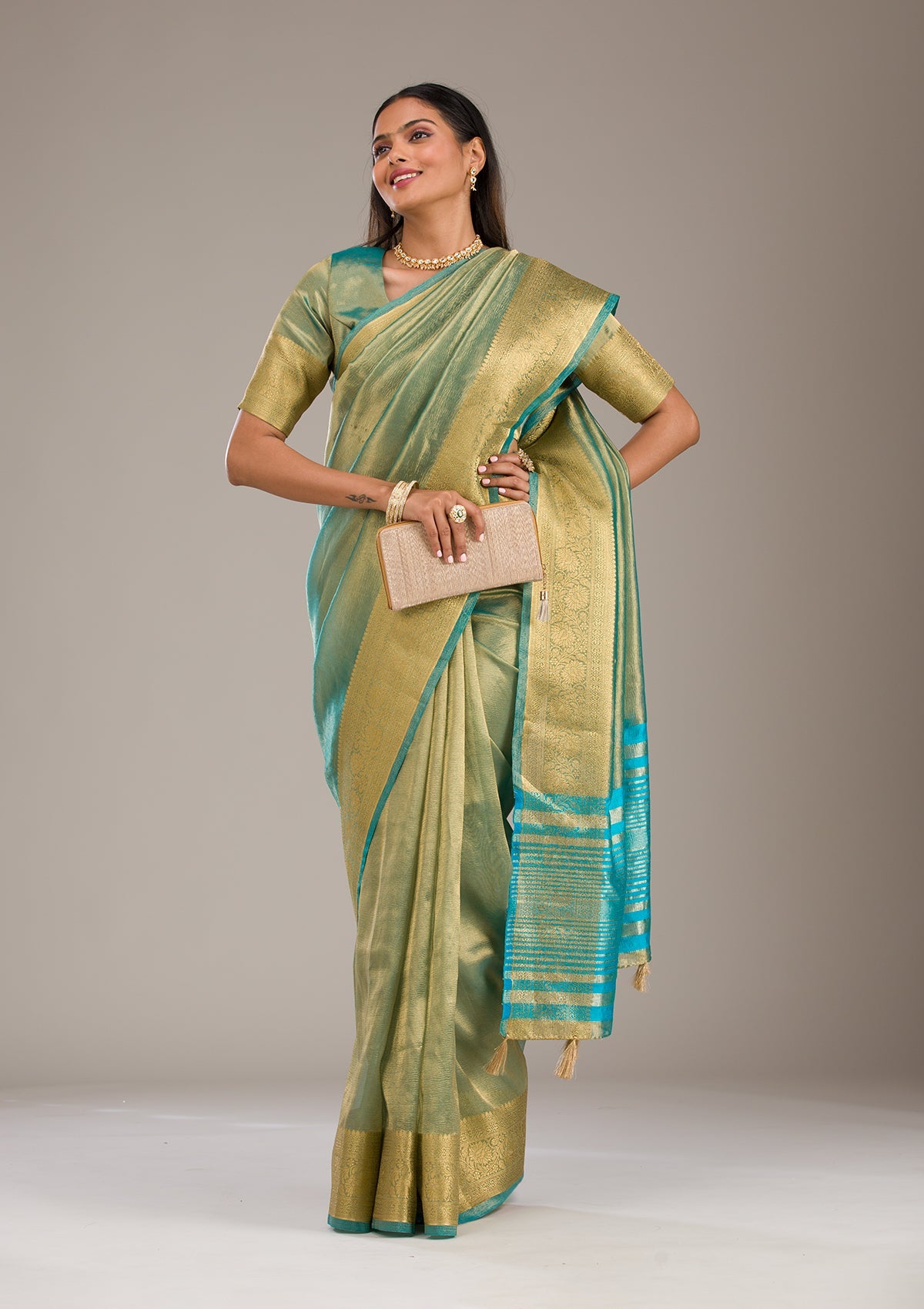 Koskii Sea Green Zariwork Tissue Saree – Women's